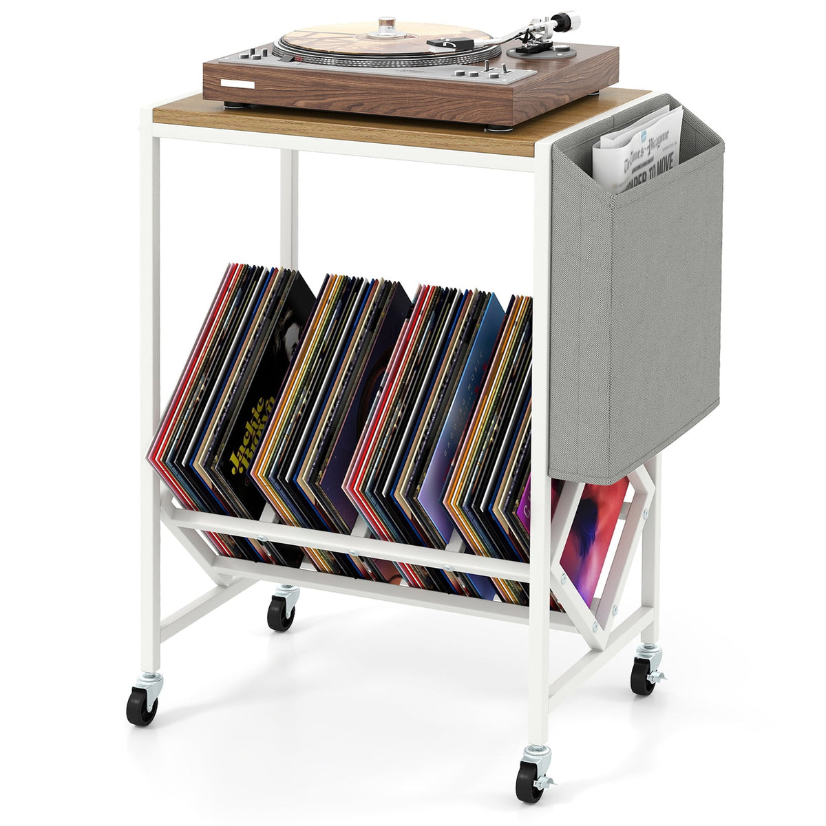 Rolling Record Player Stand 2-Tier with Vinyl Storage and Magazine Holder Bag-Natural-End & Side Tables-DECOROLALA