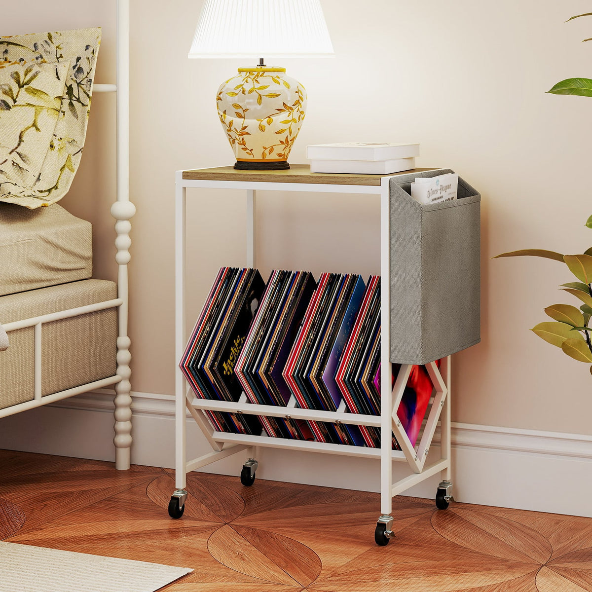 Rolling Record Player Stand 2-Tier with Vinyl Storage and Magazine Holder Bag-Natural-End & Side Tables-DECOROLALA