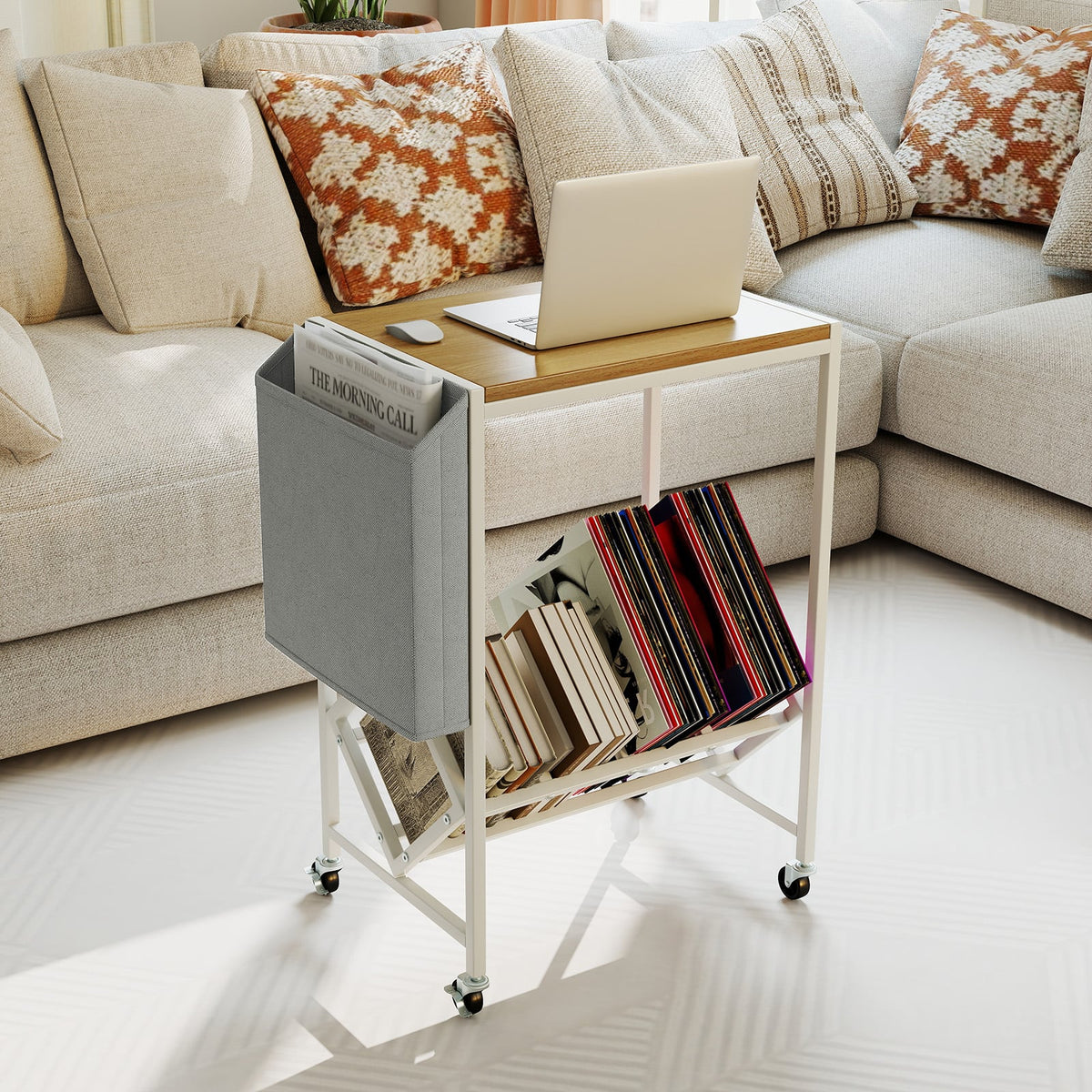 Rolling Record Player Stand 2-Tier with Vinyl Storage and Magazine Holder Bag-Natural-End & Side Tables-DECOROLALA