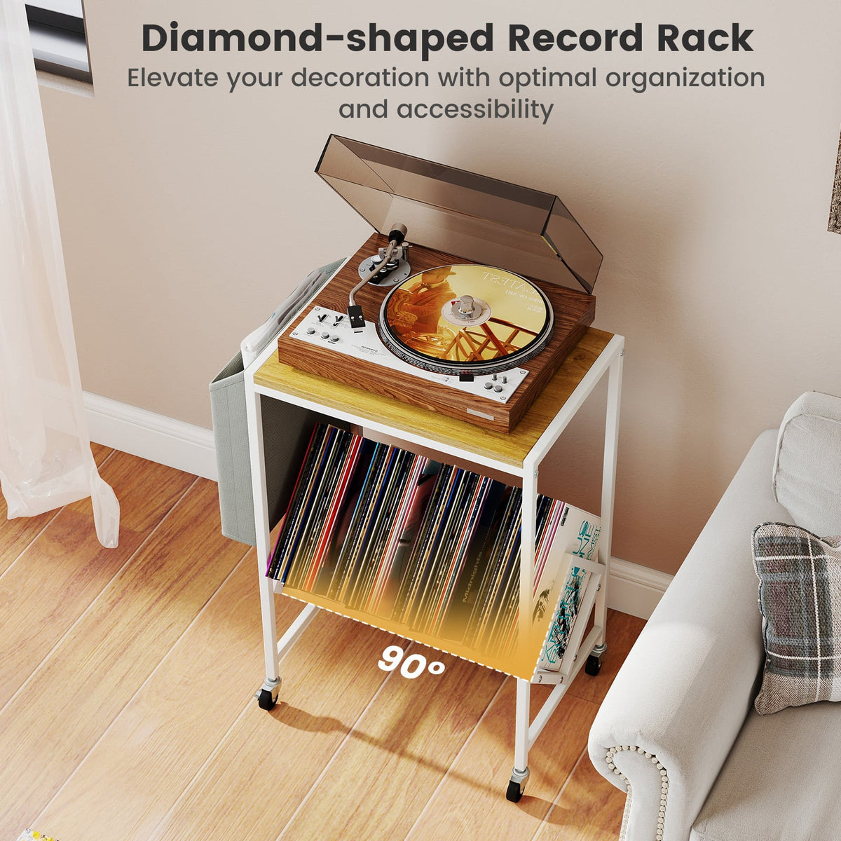 Rolling Record Player Stand 2-Tier with Vinyl Storage and Magazine Holder Bag-Natural-End & Side Tables-DECOROLALA