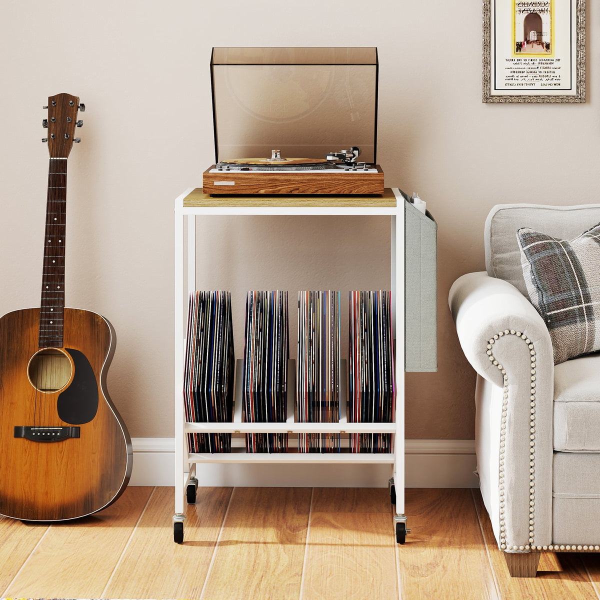 Rolling Record Player Stand 2-Tier with Vinyl Storage and Magazine Holder Bag-Natural-End & Side Tables-DECOROLALA