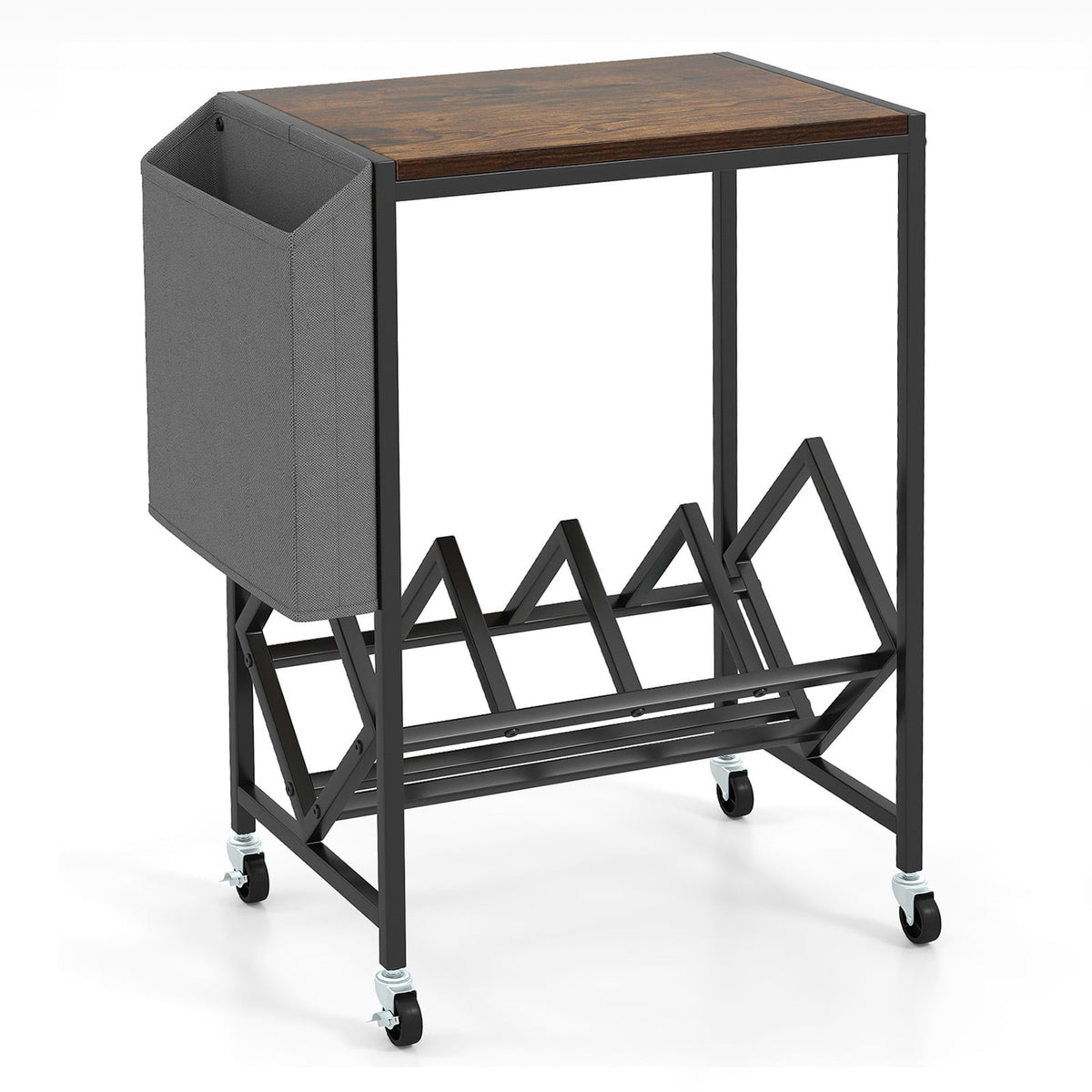Rolling Record Player Stand 2-Tier with Vinyl Storage and Magazine Holder Bag-Rustic Brown-End & Side Tables-DECOROLALA