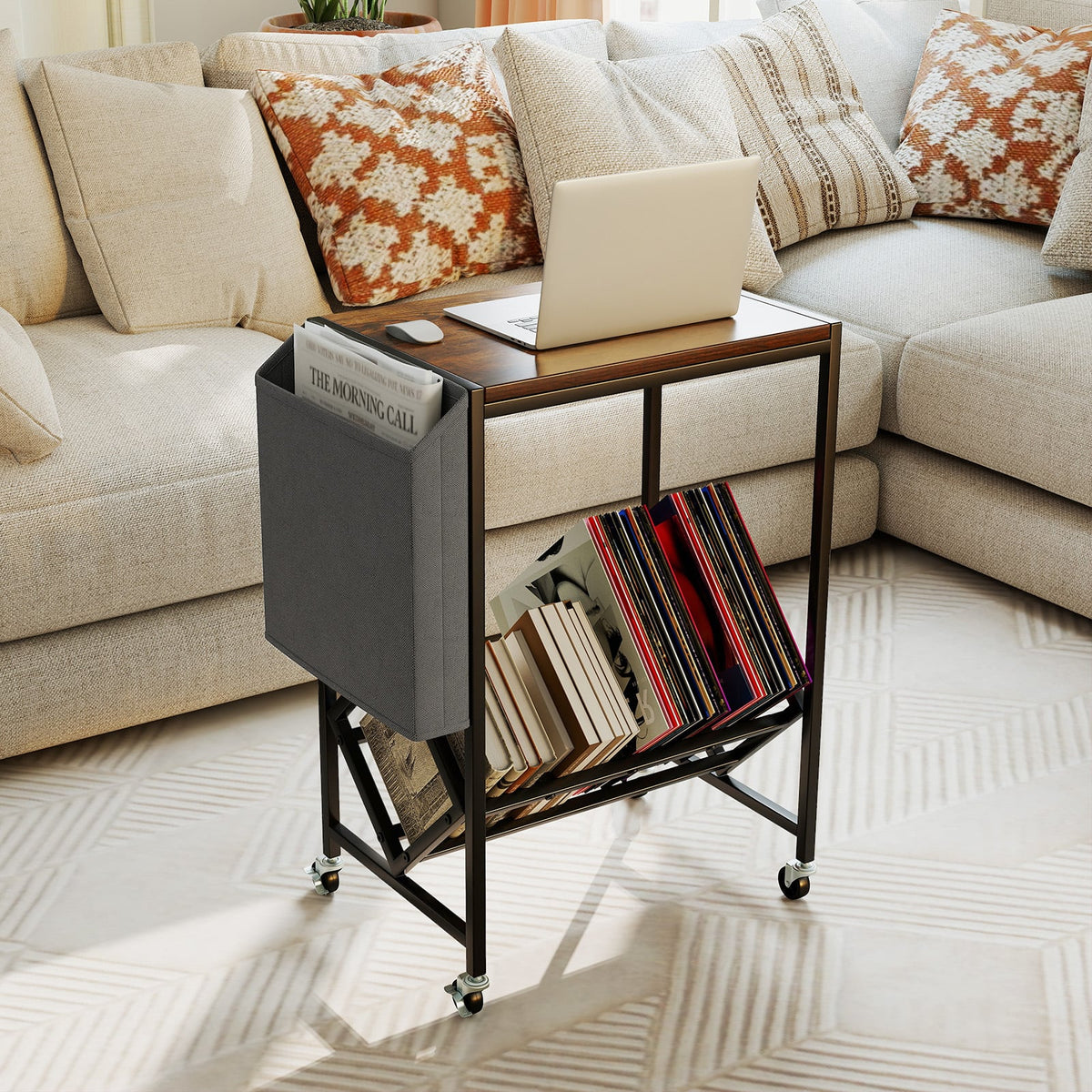 Rolling Record Player Stand 2-Tier with Vinyl Storage and Magazine Holder Bag-Rustic Brown-End & Side Tables-DECOROLALA
