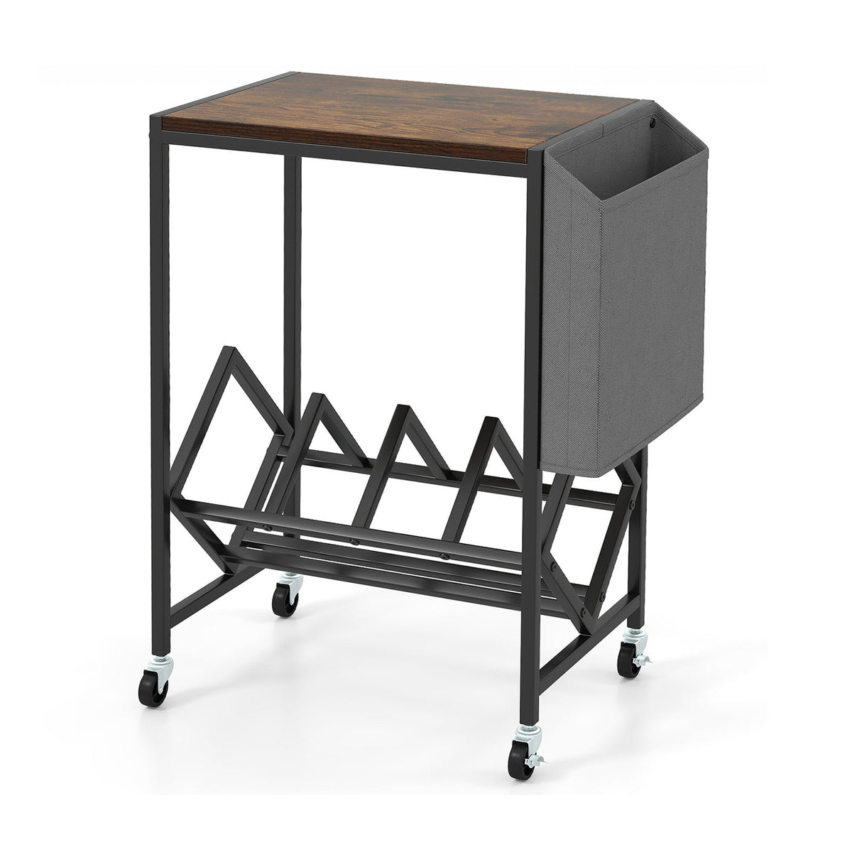 Rolling Record Player Stand 2-Tier with Vinyl Storage and Magazine Holder Bag-Rustic Brown-End & Side Tables-DECOROLALA