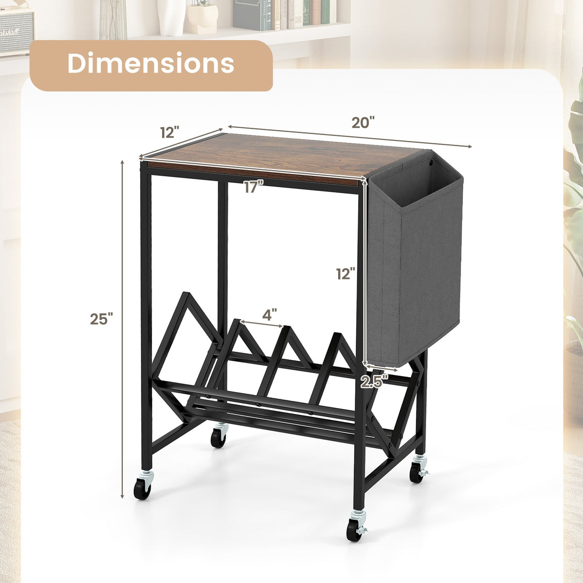 Rolling Record Player Stand 2-Tier with Vinyl Storage and Magazine Holder Bag-Rustic Brown-End & Side Tables-DECOROLALA