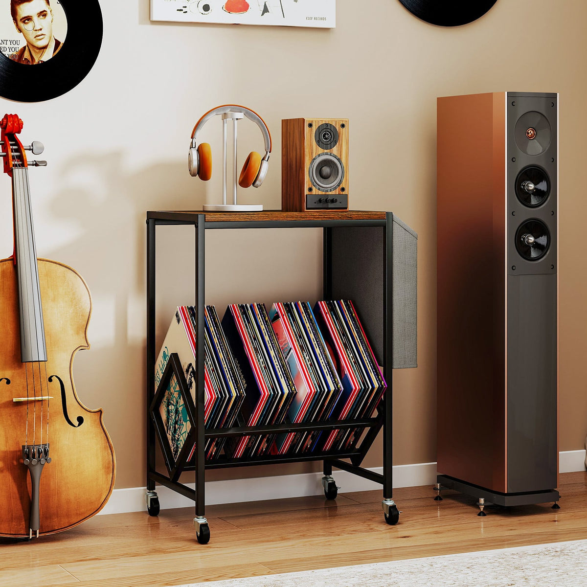 Rolling Record Player Stand 2-Tier with Vinyl Storage and Magazine Holder Bag-Rustic Brown-End & Side Tables-DECOROLALA