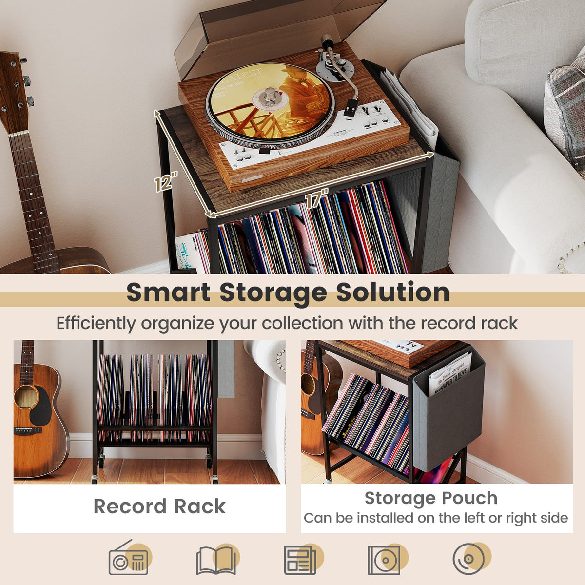 Rolling Record Player Stand 2-Tier with Vinyl Storage and Magazine Holder Bag-Rustic Brown-End & Side Tables-DECOROLALA