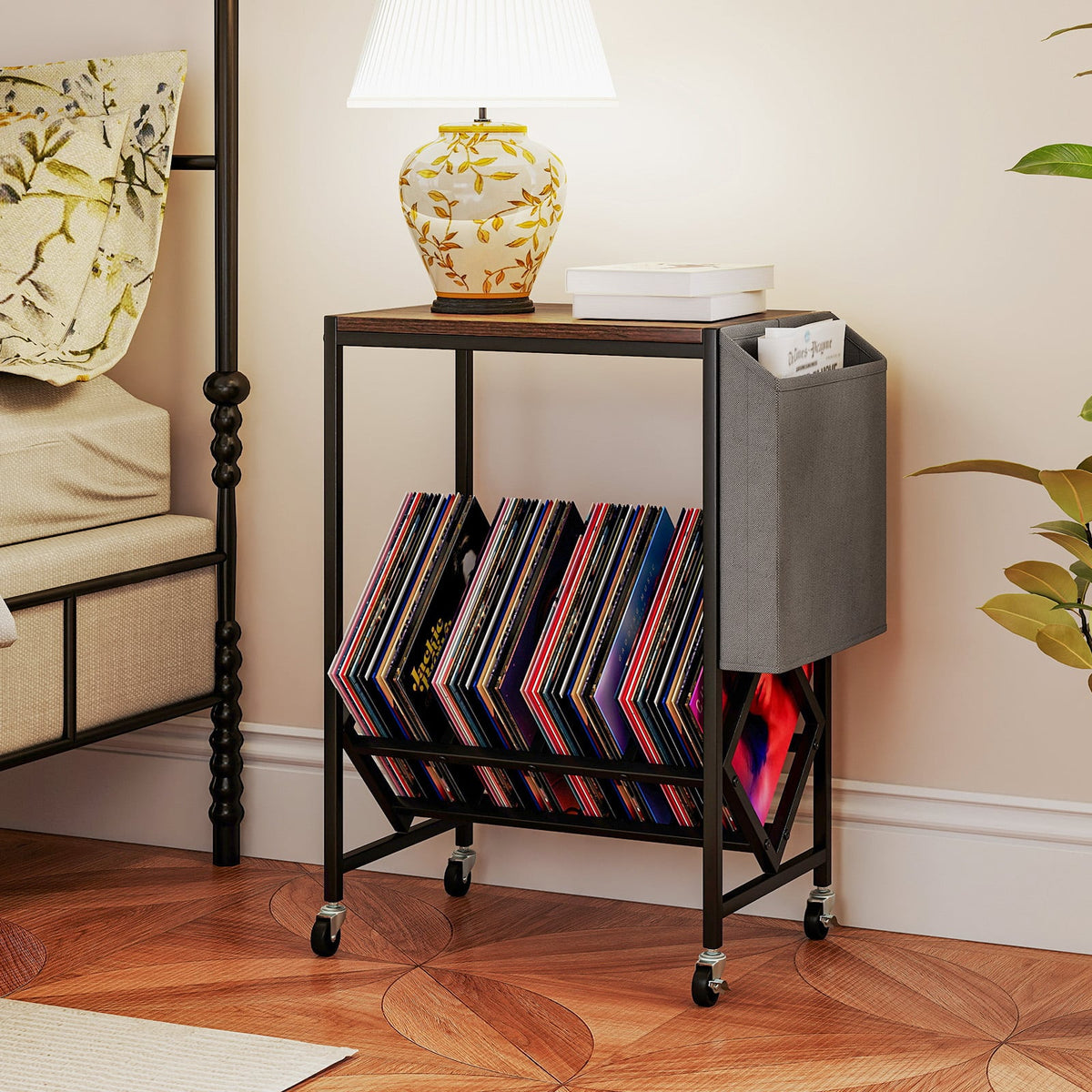 Rolling Record Player Stand 2-Tier with Vinyl Storage and Magazine Holder Bag-Rustic Brown-End & Side Tables-DECOROLALA