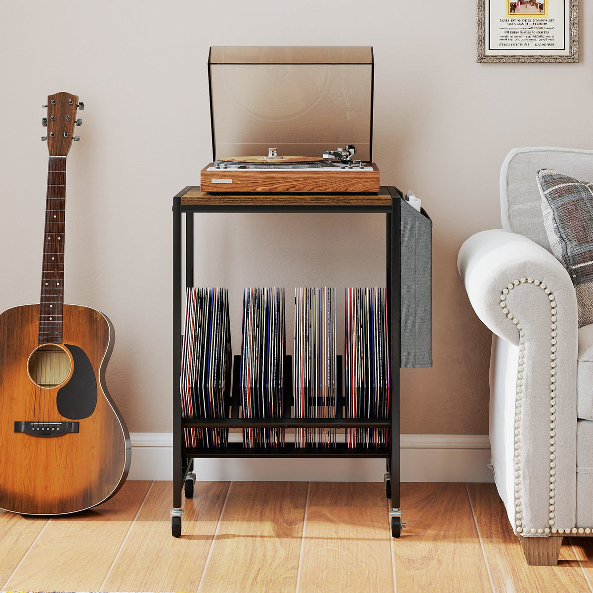 Rolling Record Player Stand 2-Tier with Vinyl Storage and Magazine Holder Bag-Rustic Brown-End & Side Tables-DECOROLALA