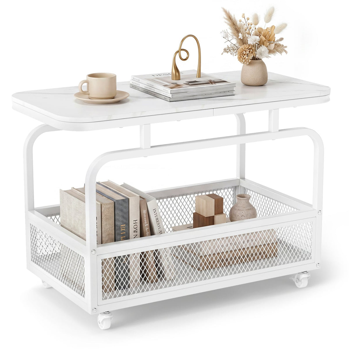 Rolling Side Table 2-Tier Narrow End Table with Mesh Storage Basket-White-End & Side Tables-DECOROLALA