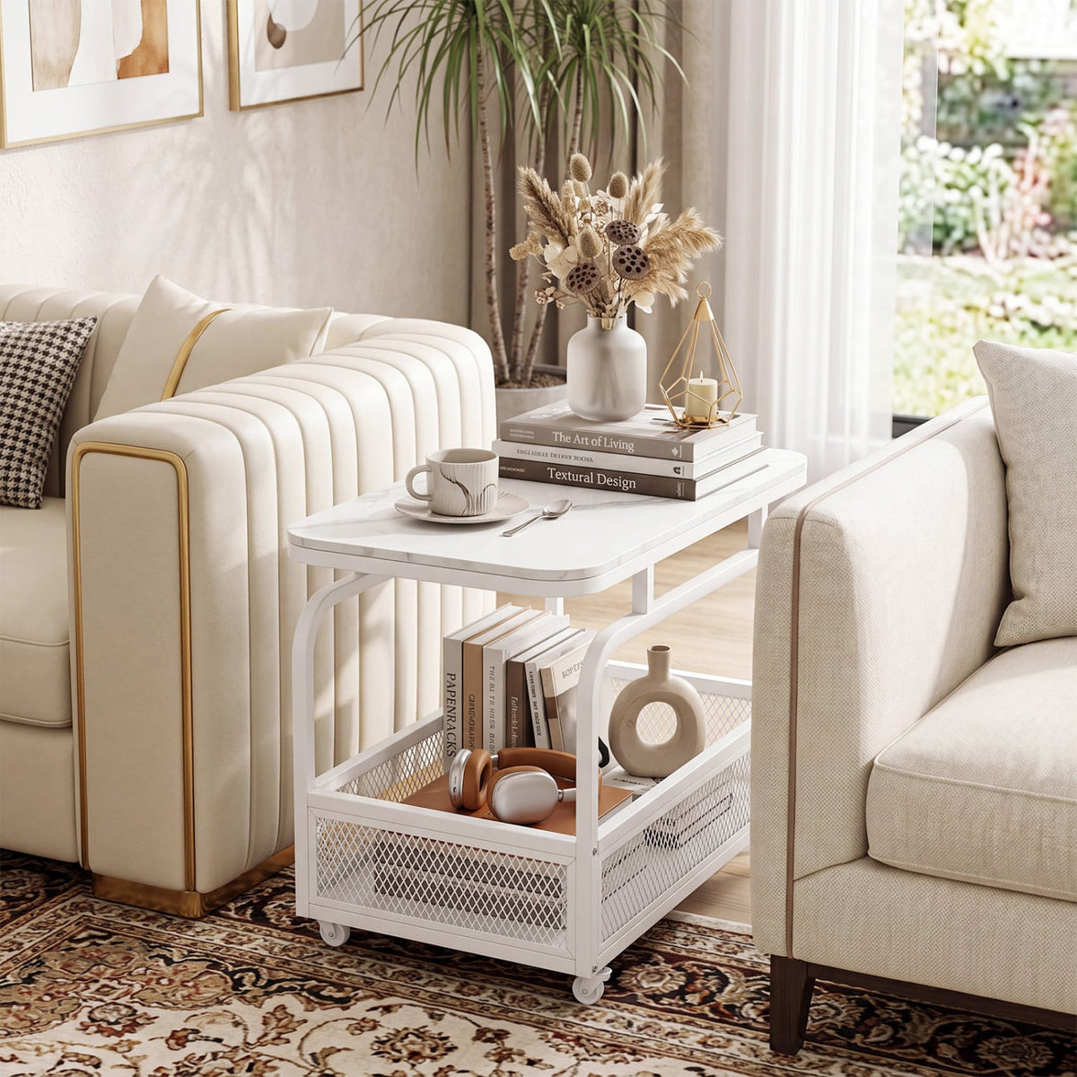 Rolling Side Table 2-Tier Narrow End Table with Mesh Storage Basket-White-End & Side Tables-DECOROLALA