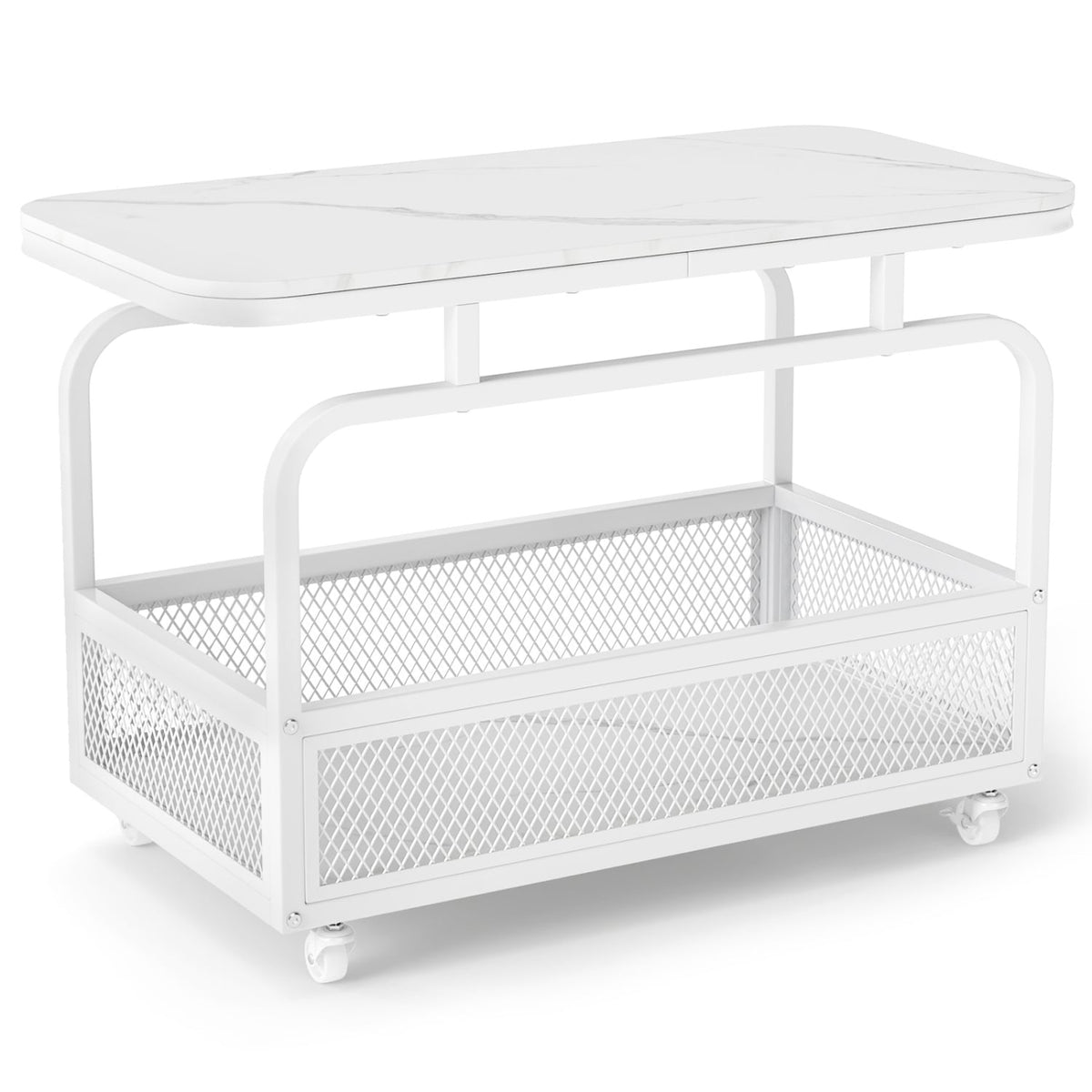 Rolling Side Table 2-Tier Narrow End Table with Mesh Storage Basket-White-End & Side Tables-DECOROLALA