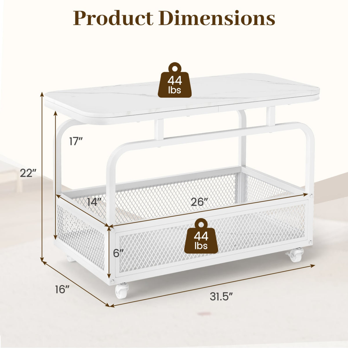 Rolling Side Table 2-Tier Narrow End Table with Mesh Storage Basket-White-End & Side Tables-DECOROLALA