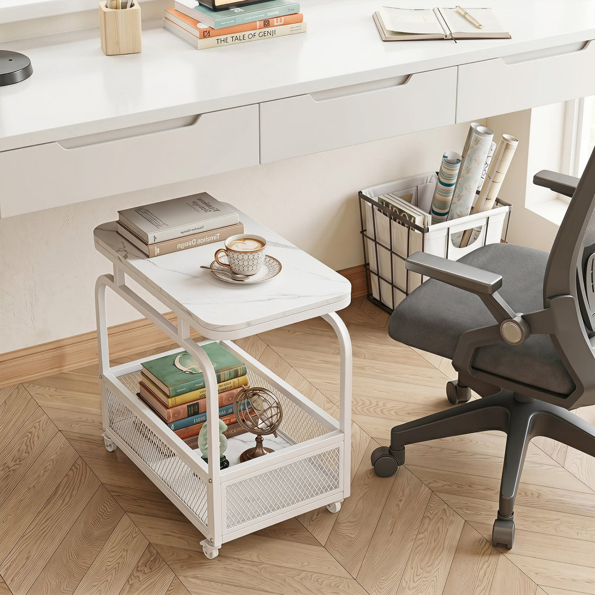 Rolling Side Table 2-Tier Narrow End Table with Mesh Storage Basket-White-End & Side Tables-DECOROLALA