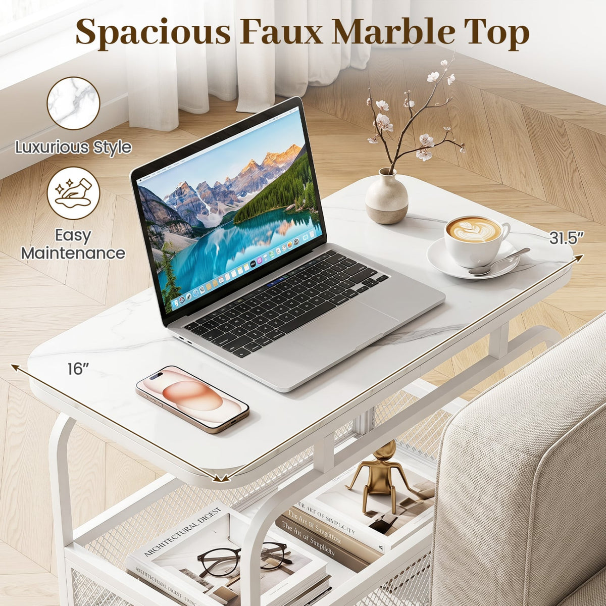 Rolling Side Table 2-Tier Narrow End Table with Mesh Storage Basket-White-End & Side Tables-DECOROLALA