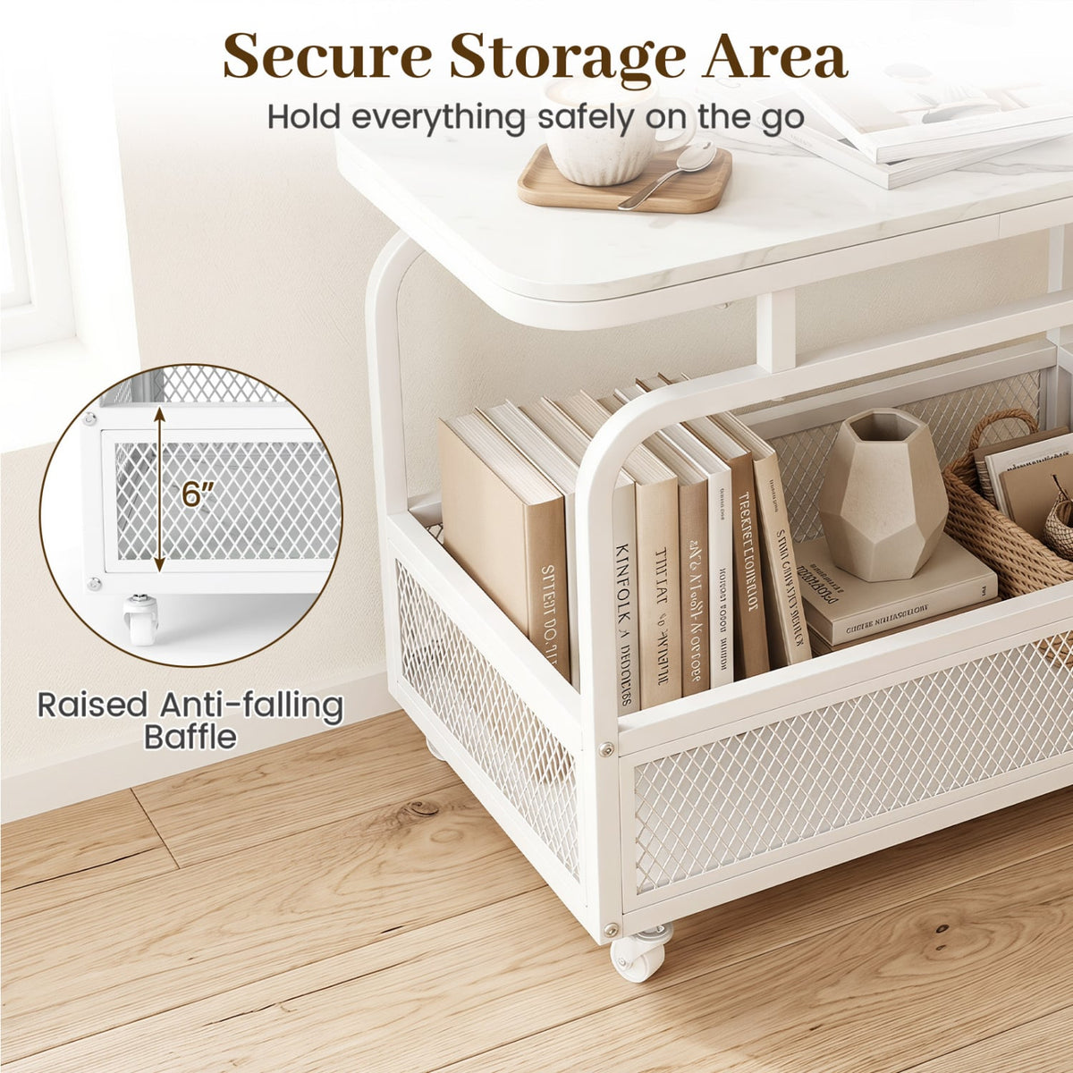 Rolling Side Table 2-Tier Narrow End Table with Mesh Storage Basket-White-End & Side Tables-DECOROLALA