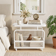 Rolling Side Table 2-Tier Narrow End Table with Mesh Storage Basket-White-End & Side Tables-DECOROLALA