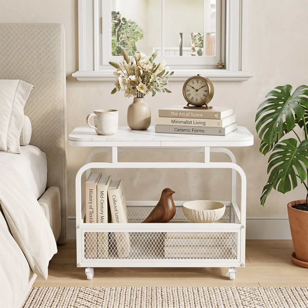 Rolling Side Table 2-Tier Narrow End Table with Mesh Storage Basket-White-End & Side Tables-DECOROLALA