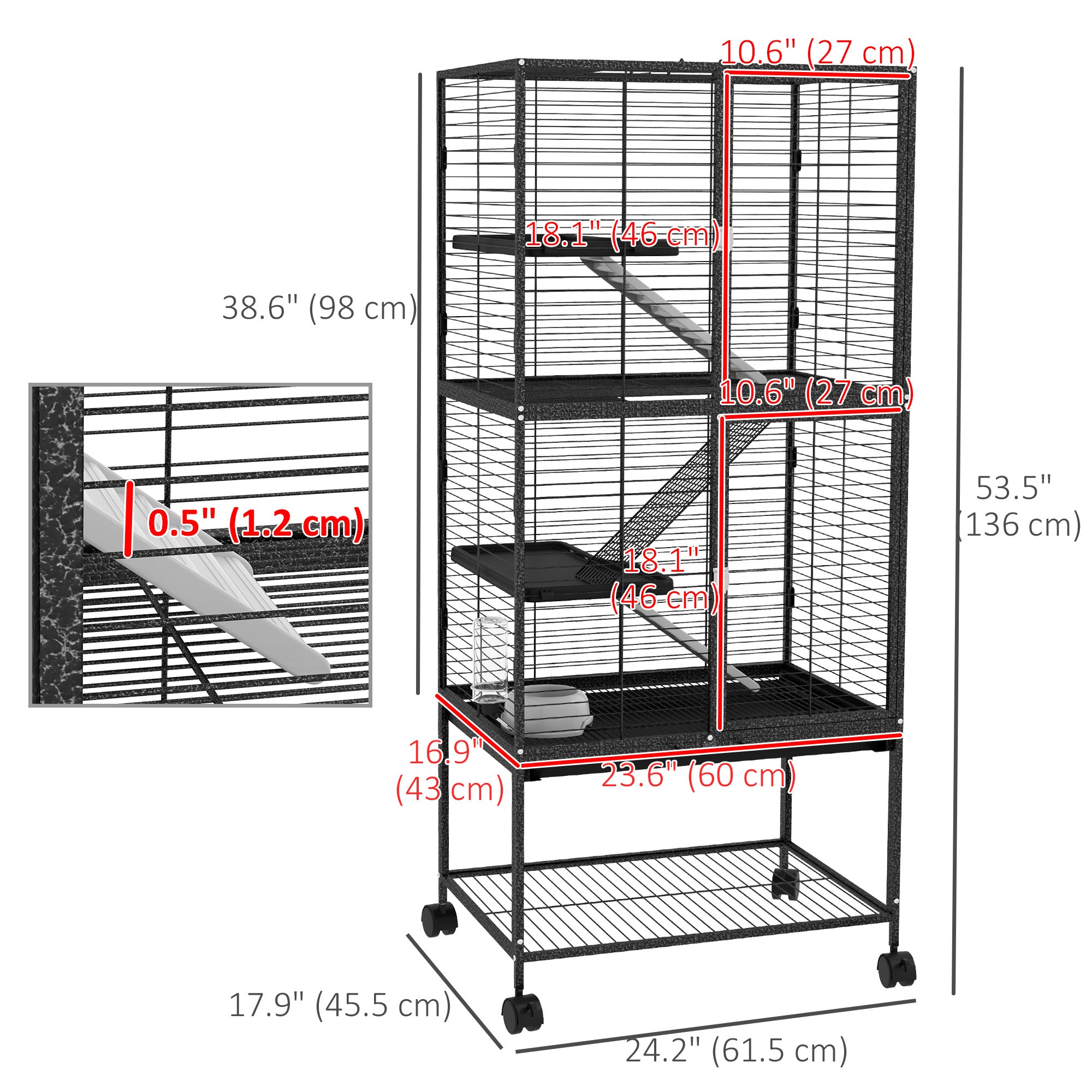Rolling Small Animal Cage 53.5"H Chinchilla Cage for Ferrets, Squirrels w/ Removable Tray, Storage Shelf, Dark Grey-Small Animals-DECOROLALA