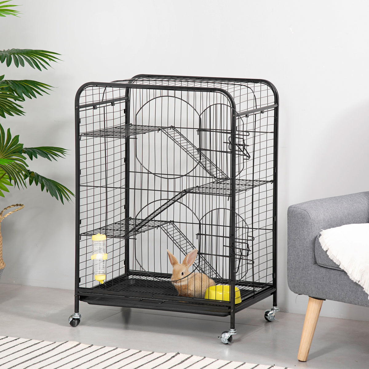 Rolling Small Animal Cage - Black 36.6" Metal Rabbit Playpen-Small Animals-DECOROLALA