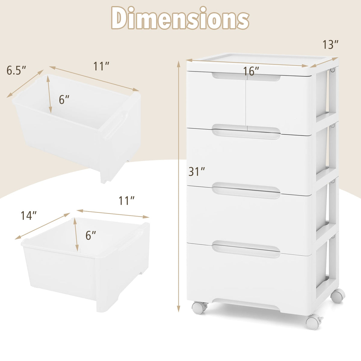 Rolling Storage Cabinet 5 Drawers White PP (min order qty 2)-Dressers & Chests-DECOROLALA
