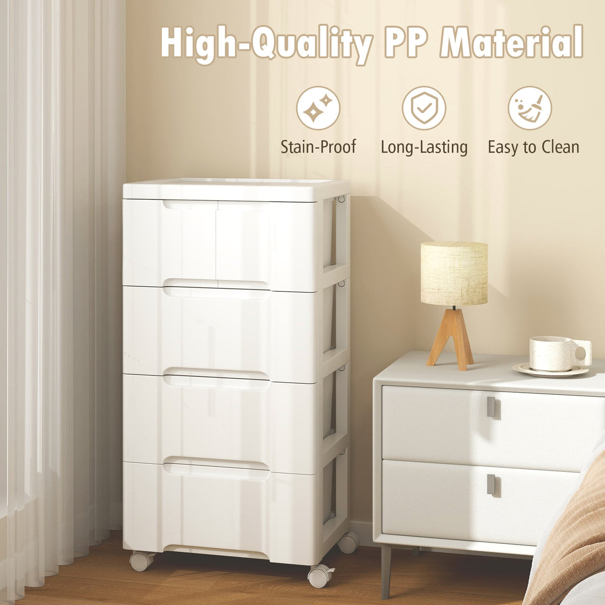 Rolling Storage Cabinet 5 Drawers White PP (min order qty 2)-Dressers & Chests-DECOROLALA