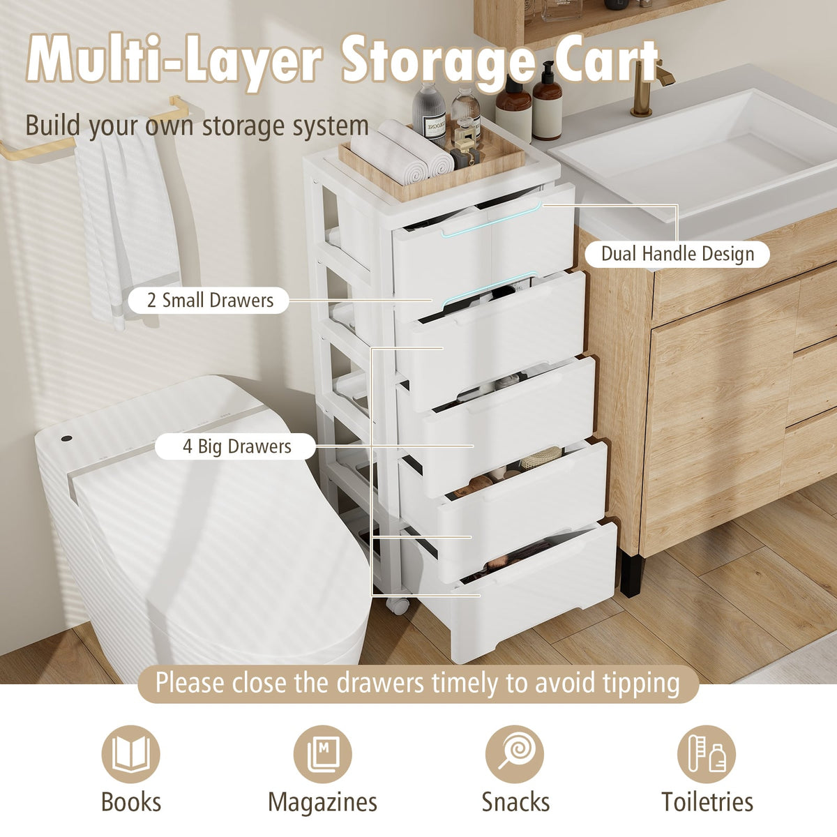 Rolling Storage Cabinet - 6-Drawer White (min order qty 2)-Dressers & Chests-DECOROLALA