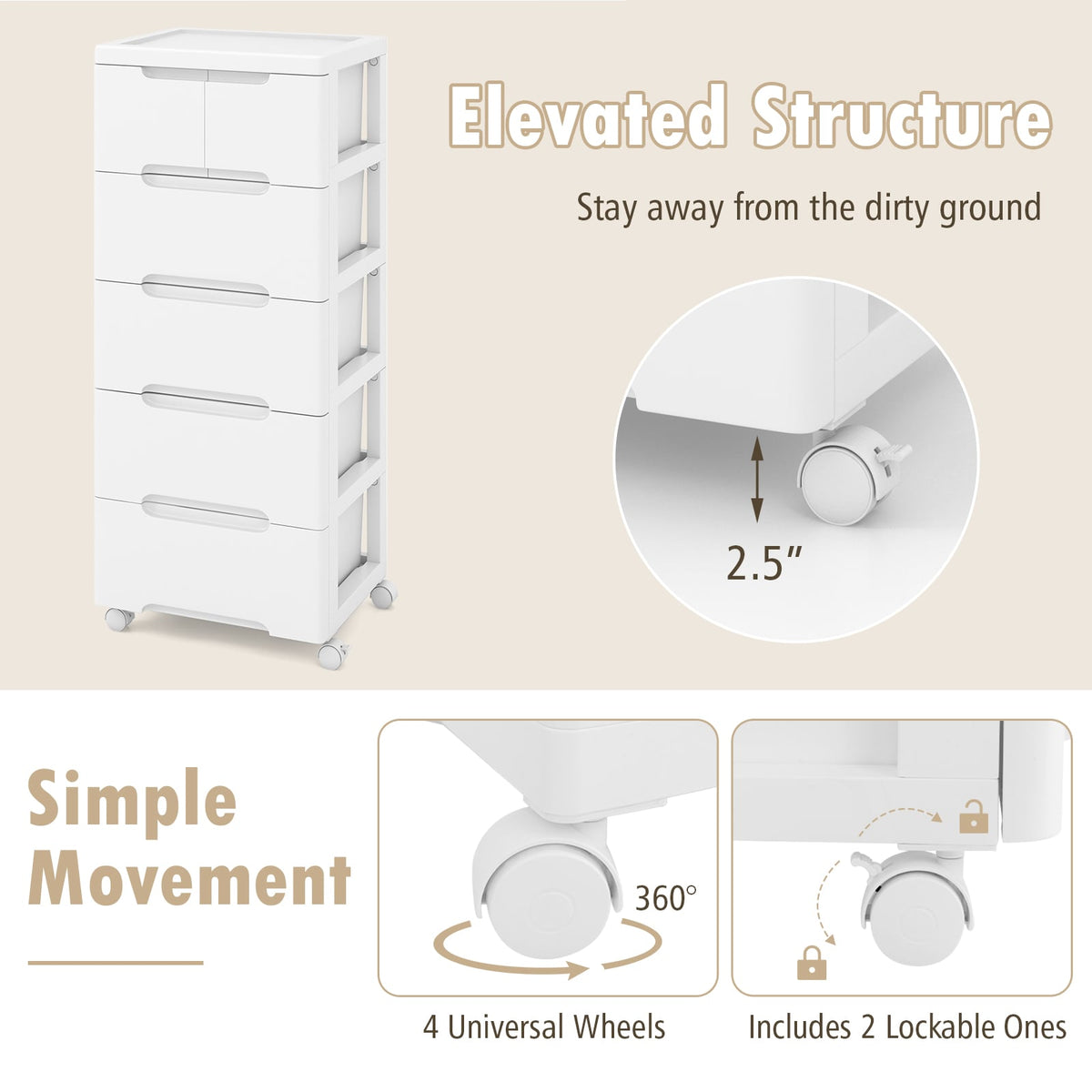 Rolling Storage Cabinet - 6-Drawer White (min order qty 2)-Dressers & Chests-DECOROLALA