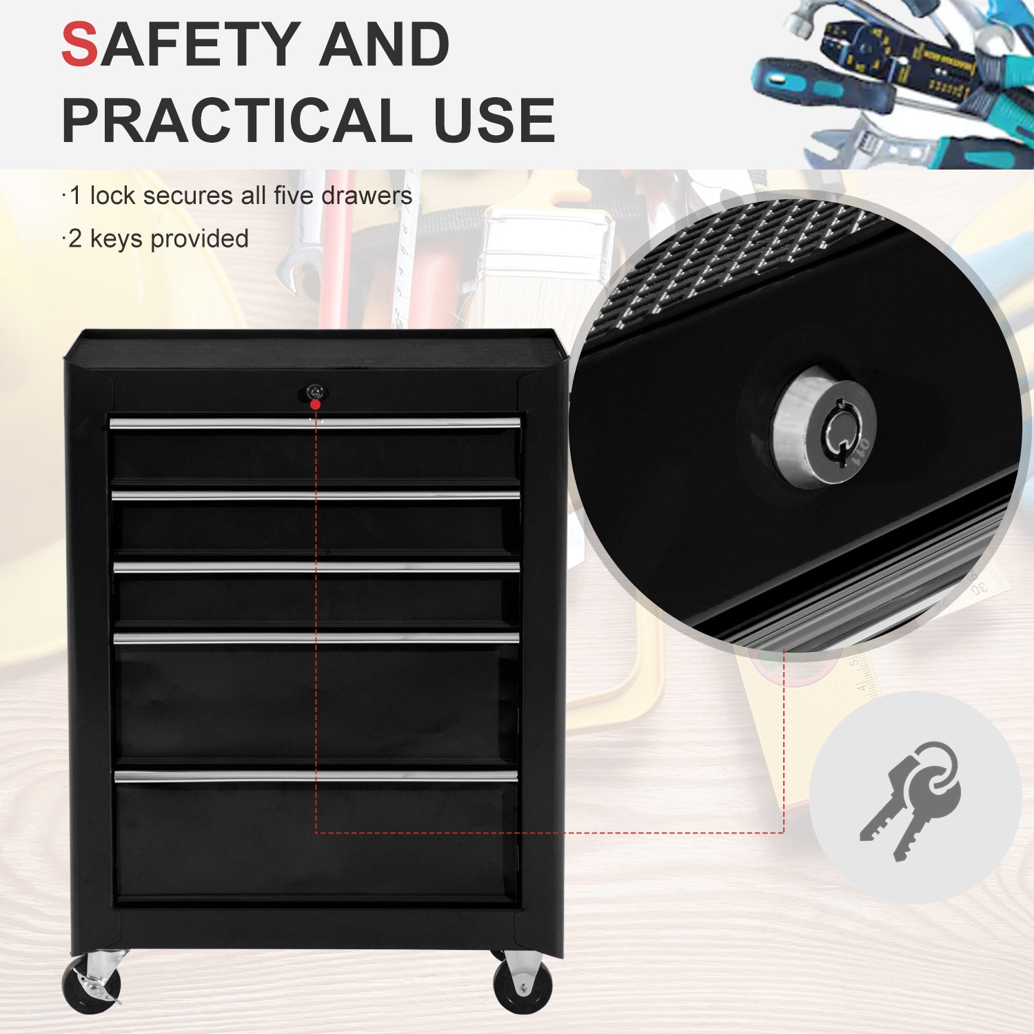 Rolling Tool Cabinet with 5 Drawers, Lockable, Steel, Black, for Garage Workshop-DECOROLALA