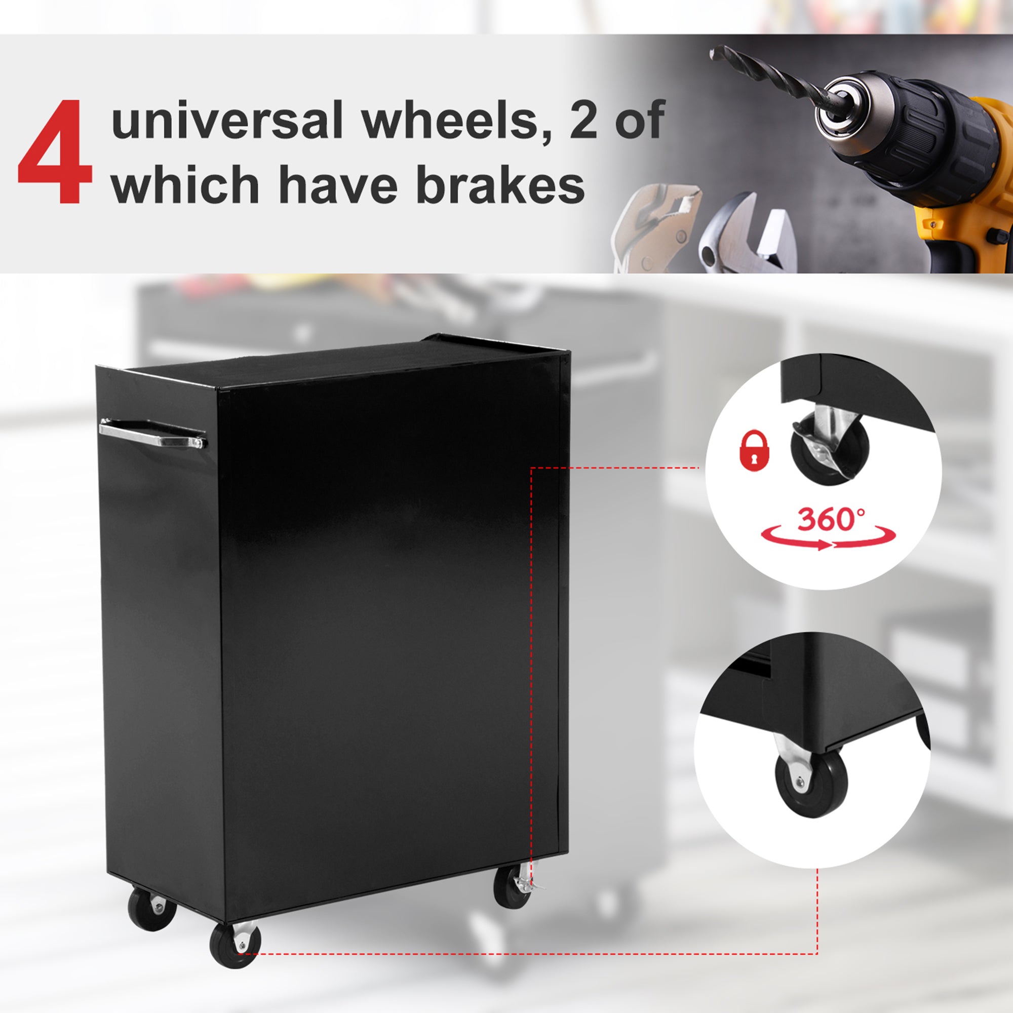 Rolling Tool Cabinet with 5 Drawers, Lockable, Steel, Black, for Garage Workshop-DECOROLALA