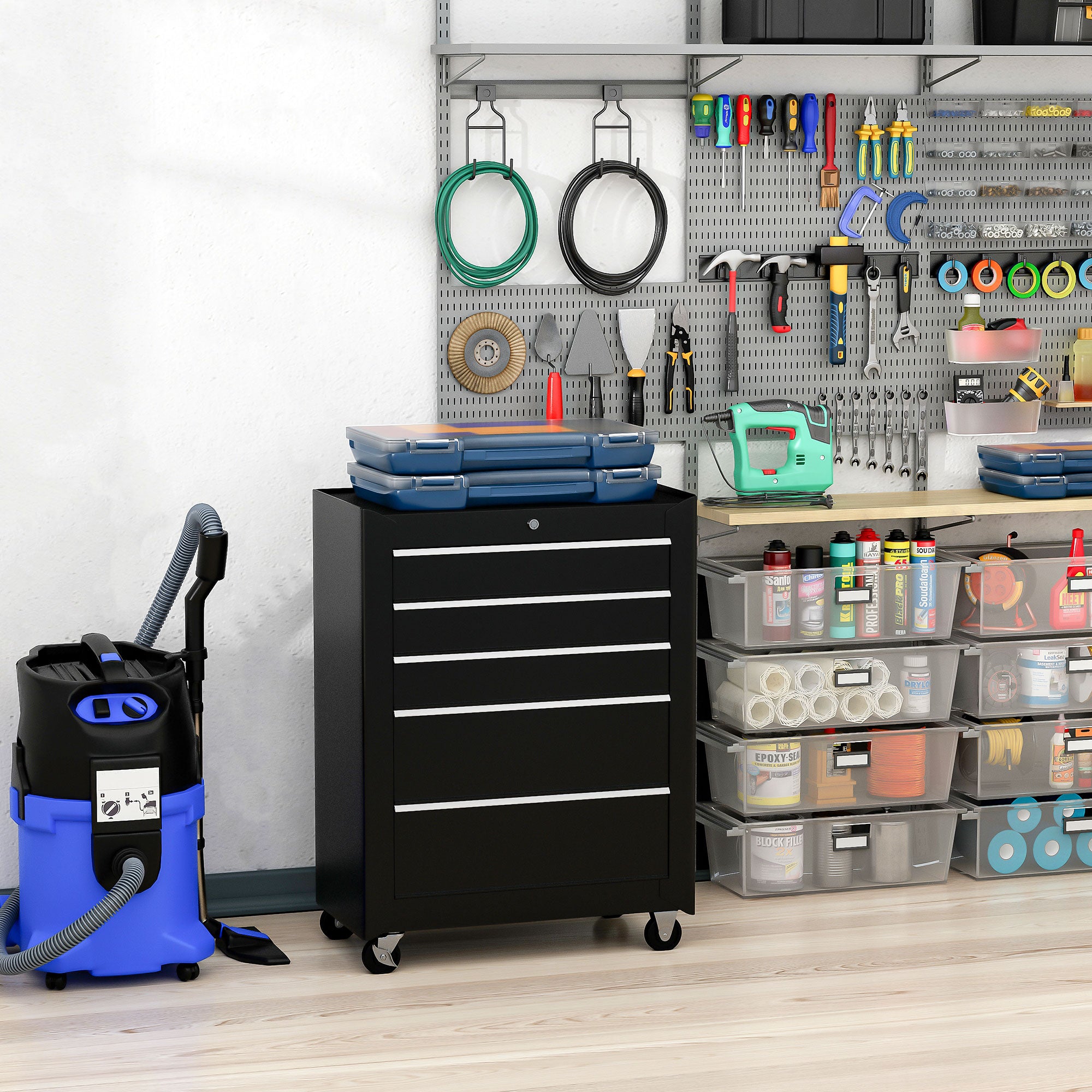 Rolling Tool Cabinet with 5 Drawers, Lockable, Steel, Black, for Garage Workshop-DECOROLALA