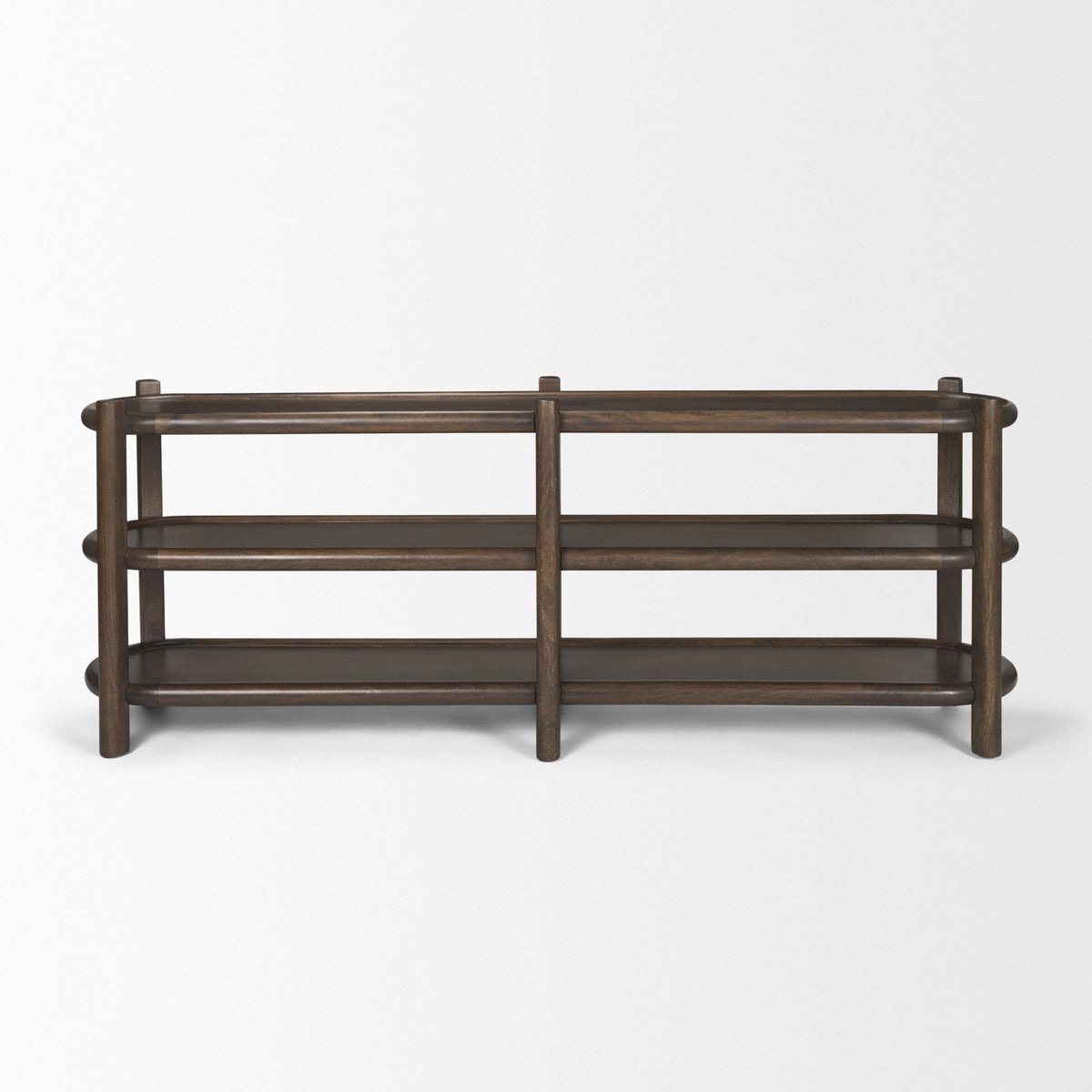 Romi Dark Brown Wood w/ 3 Shelves Oval Console Table-Console Tables-DECOROLALA