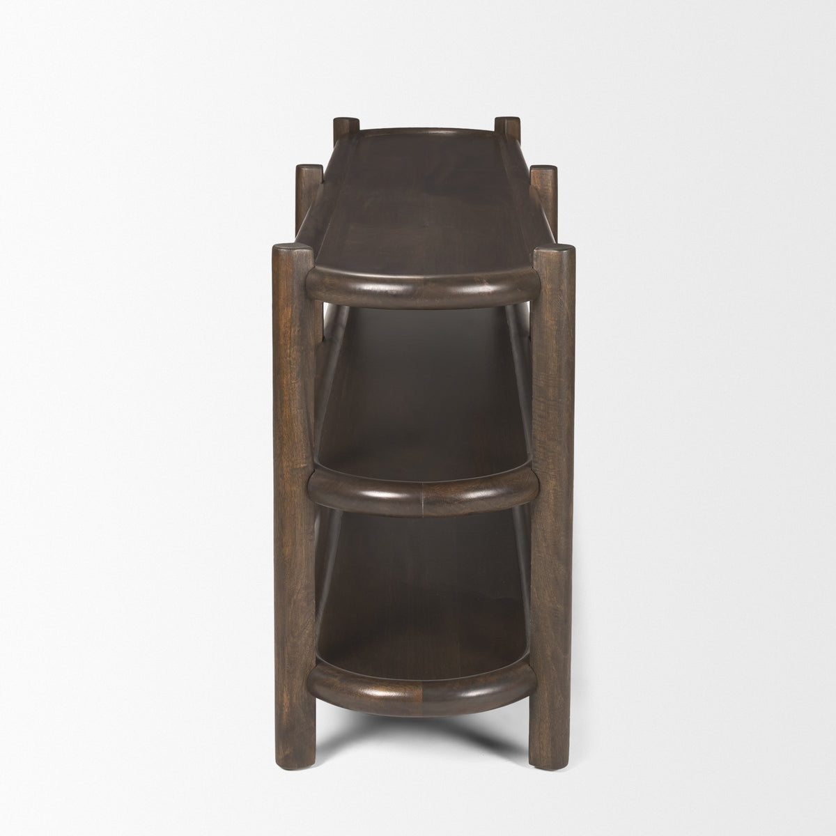 Romi Dark Brown Wood w/ 3 Shelves Oval Console Table-Console Tables-DECOROLALA