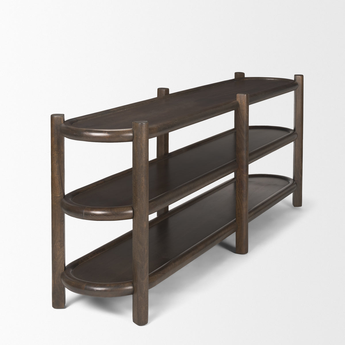 Romi Dark Brown Wood w/ 3 Shelves Oval Console Table-Console Tables-DECOROLALA