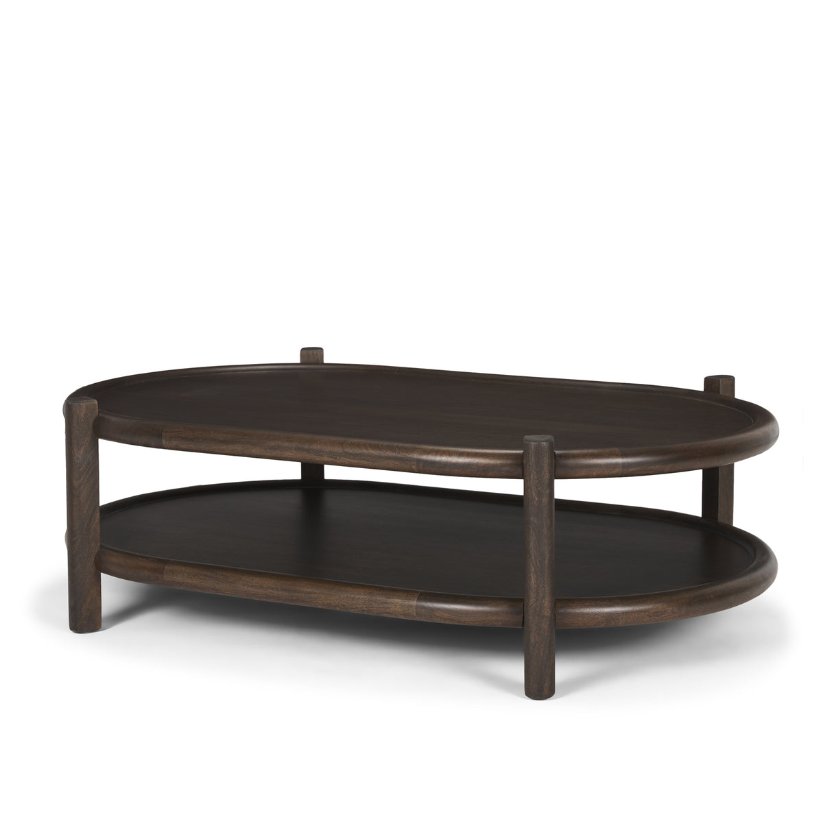 Romi Dark Brown Wood w/ Bottom Shelf Oval Coffee Table-Coffee Tables-DECOROLALA