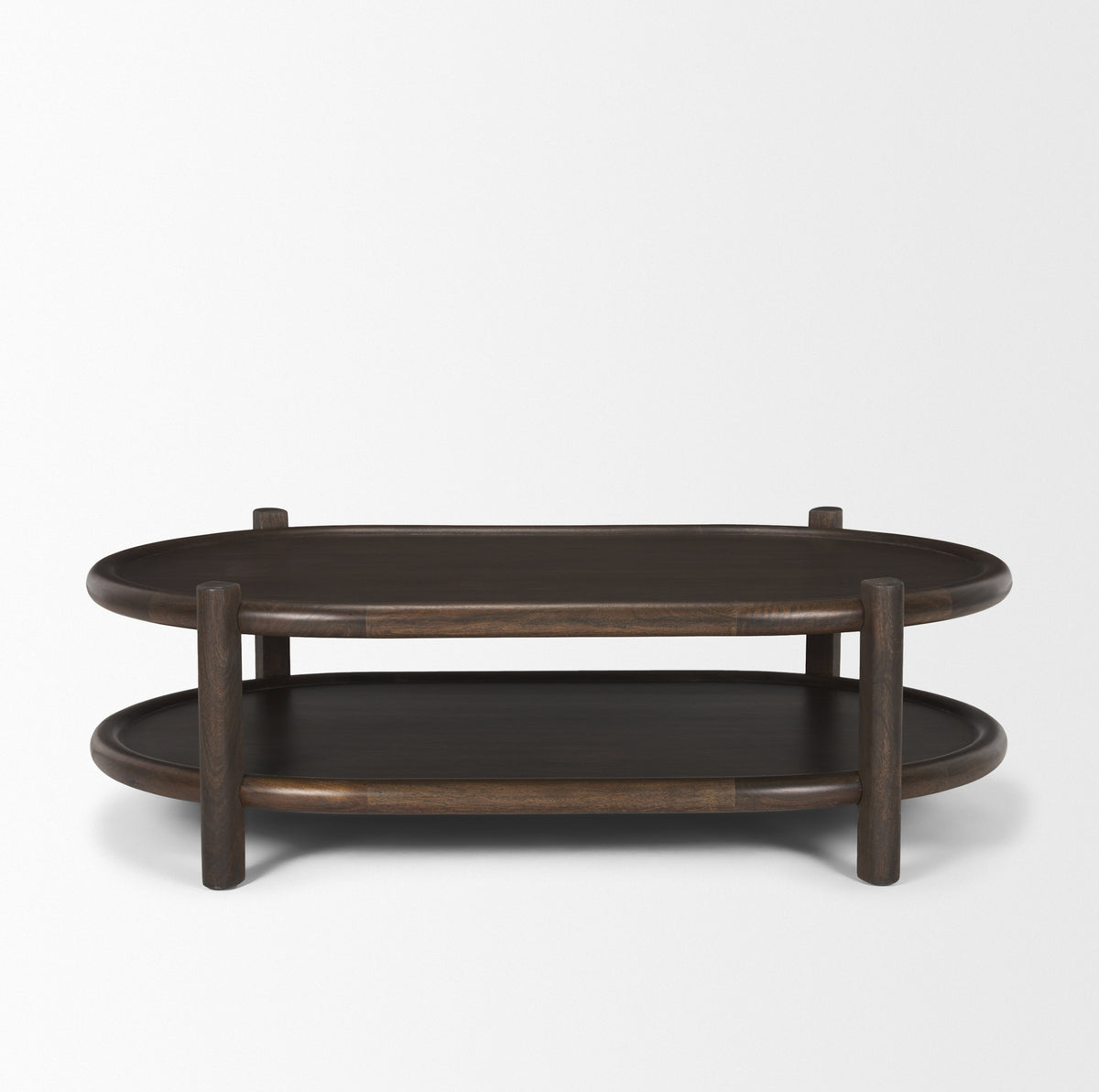 Romi Dark Brown Wood w/ Bottom Shelf Oval Coffee Table-Coffee Tables-DECOROLALA