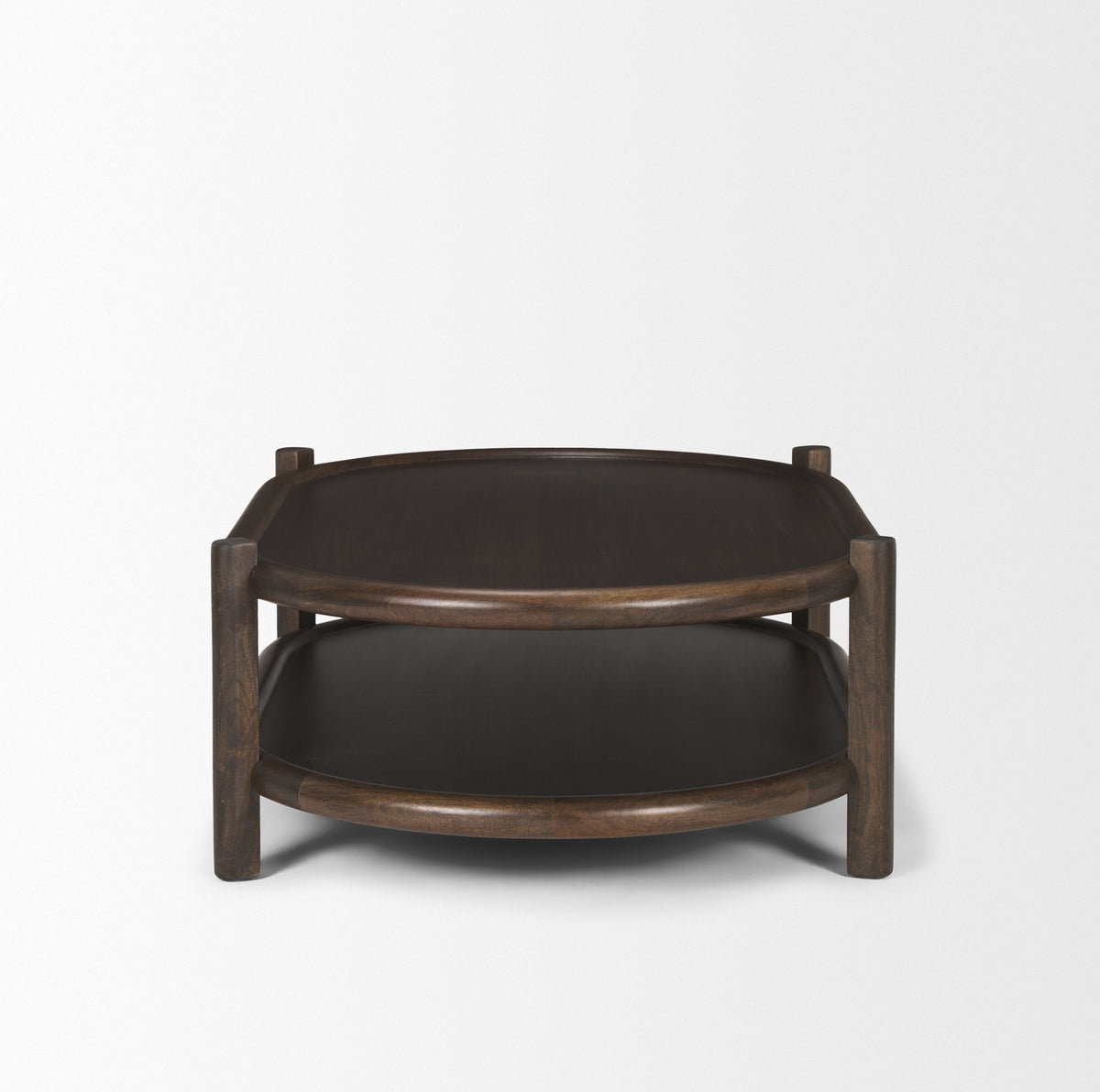 Romi Dark Brown Wood w/ Bottom Shelf Oval Coffee Table-Coffee Tables-DECOROLALA