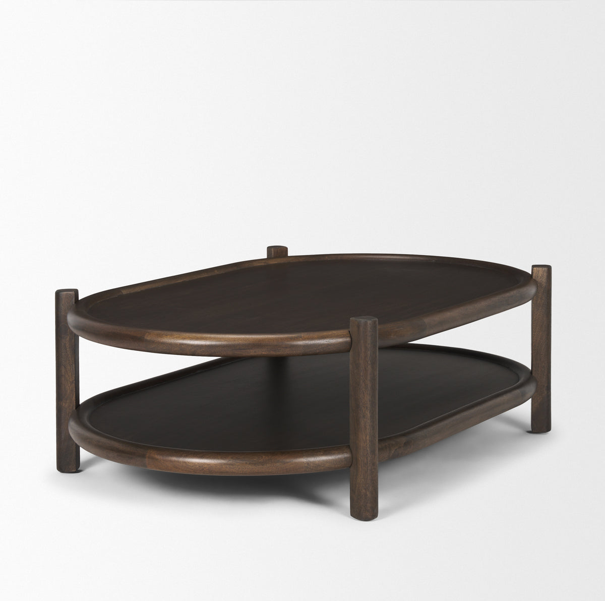 Romi Dark Brown Wood w/ Bottom Shelf Oval Coffee Table-Coffee Tables-DECOROLALA
