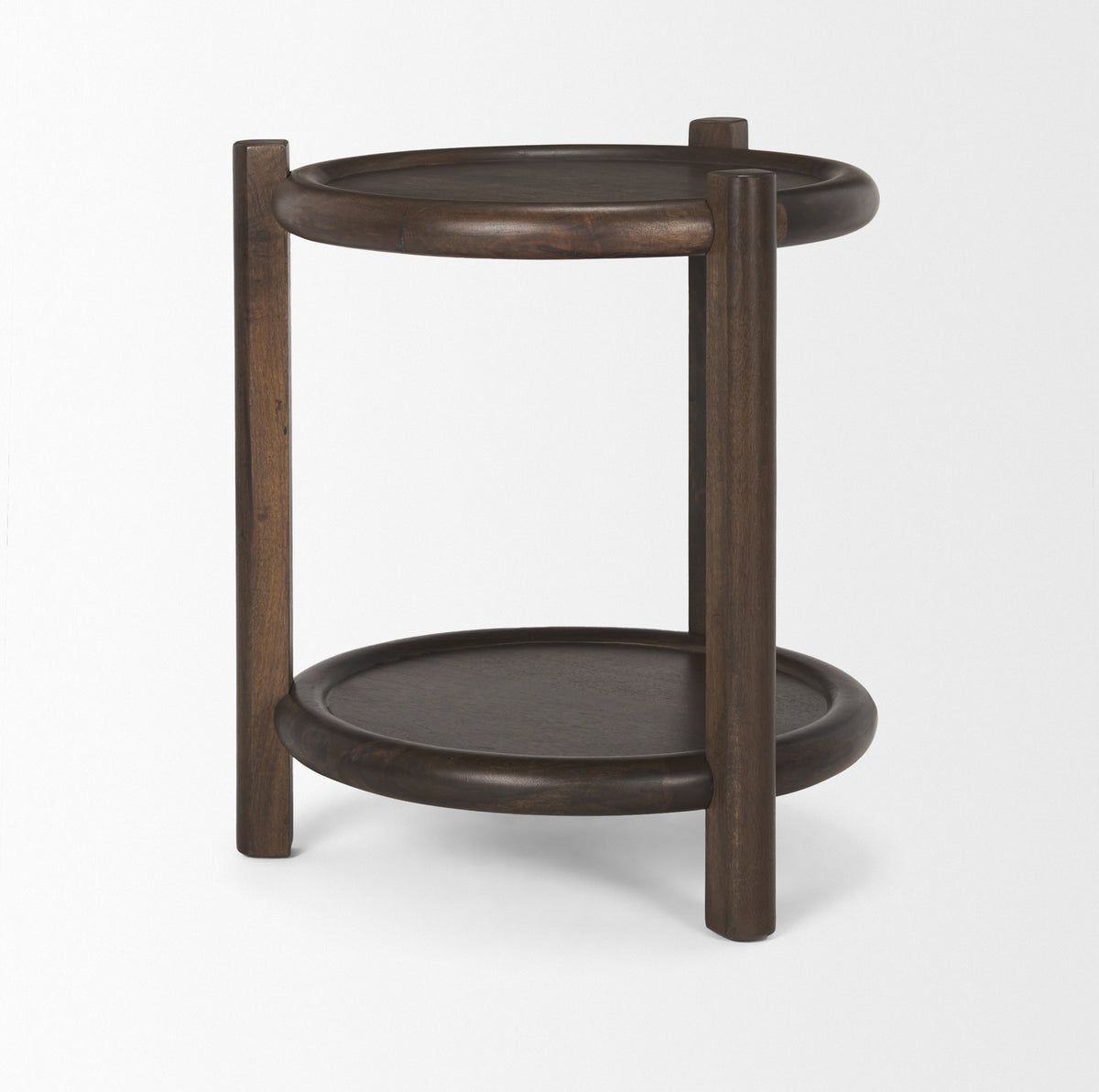 Romi Dark Brown Wood w/ Bottom Shelf Round Accent Table-Accent Tables-DECOROLALA