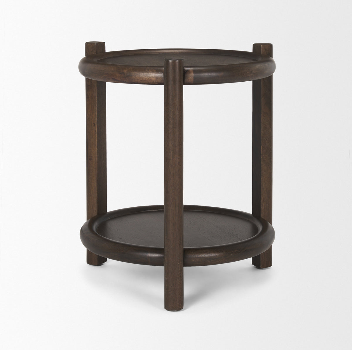Romi Dark Brown Wood w/ Bottom Shelf Round Accent Table-Accent Tables-DECOROLALA