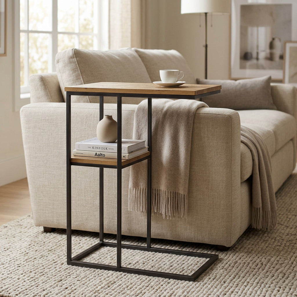 Ronin 25"H Rectangle 2-Tier Wood w/ Black Metal Accent Table-Accent Tables-DECOROLALA