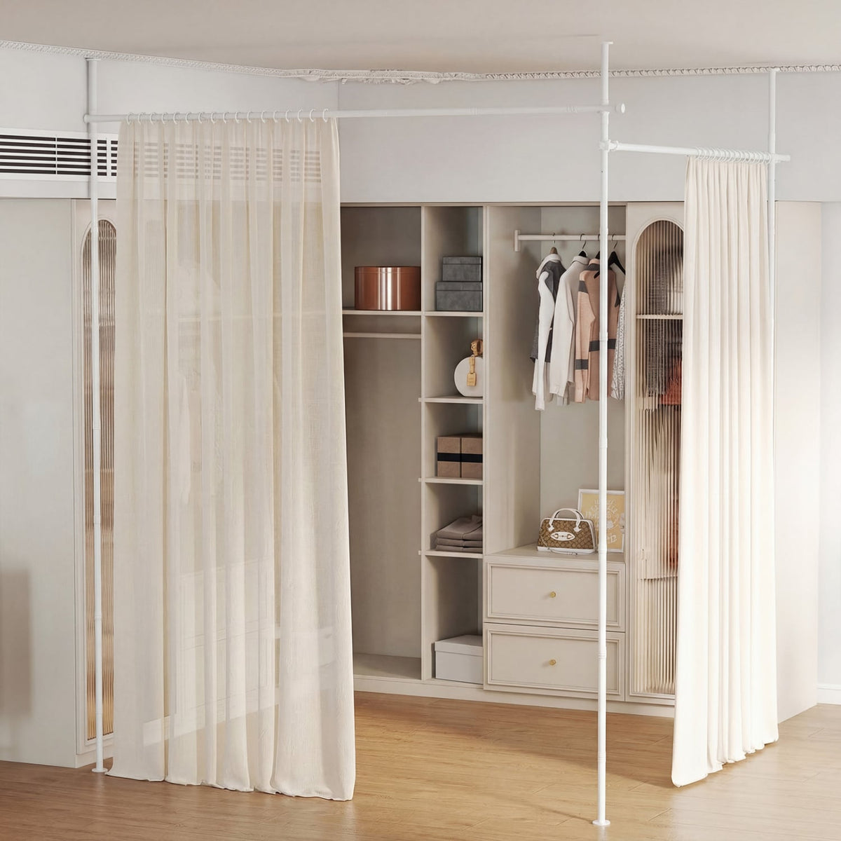 Room Divider Curtain Rod with Adjustable Floor to Ceiling Tension Rod (Curtains Not Included)-White-Room Dividers-DECOROLALA