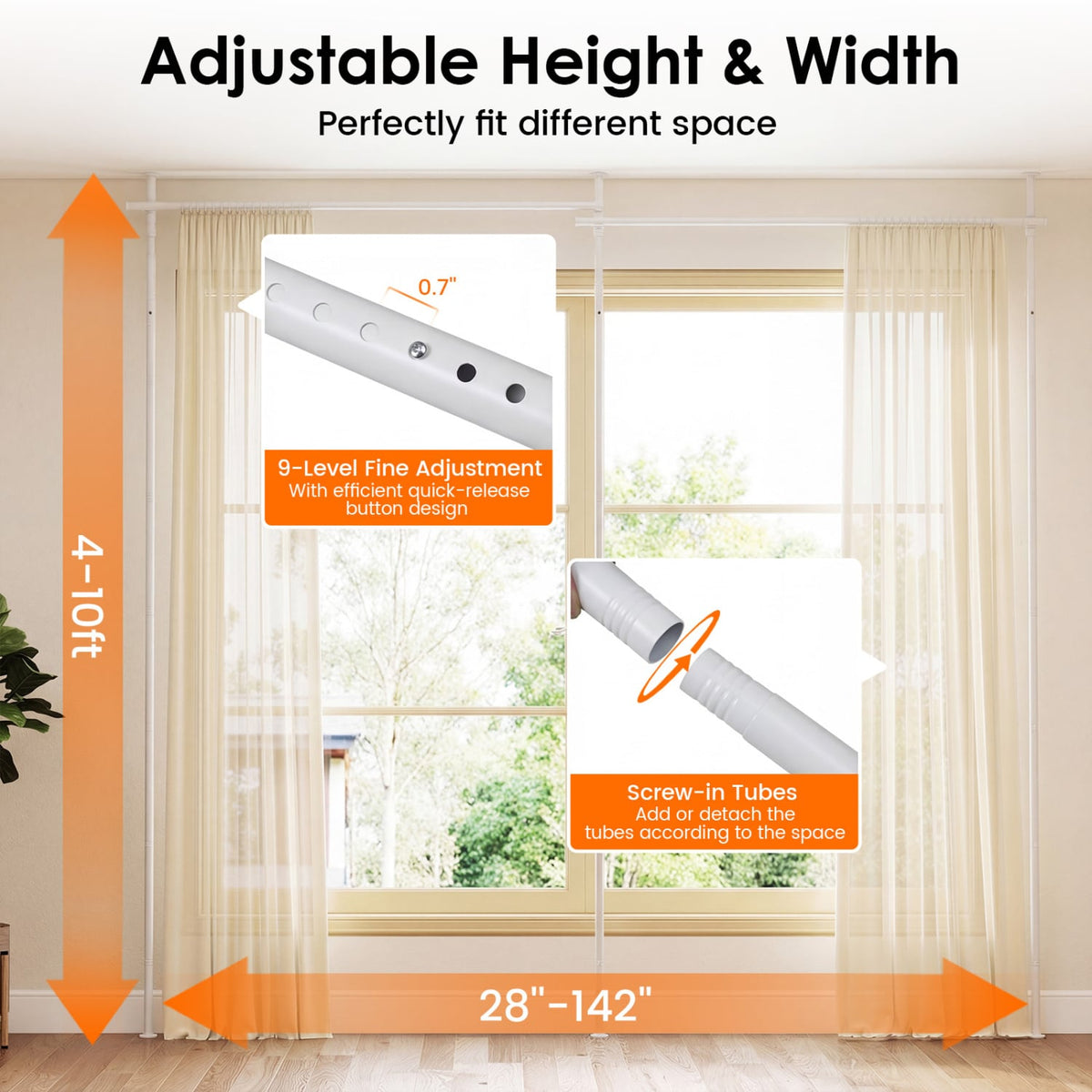 Room Divider Curtain Rod with Adjustable Floor to Ceiling Tension Rod (Curtains Not Included)-White-Room Dividers-DECOROLALA
