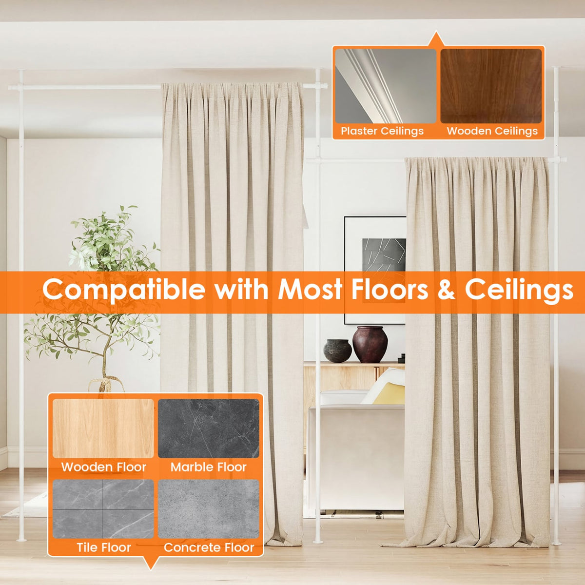 Room Divider Curtain Rod with Adjustable Floor to Ceiling Tension Rod (Curtains Not Included)-White-Room Dividers-DECOROLALA