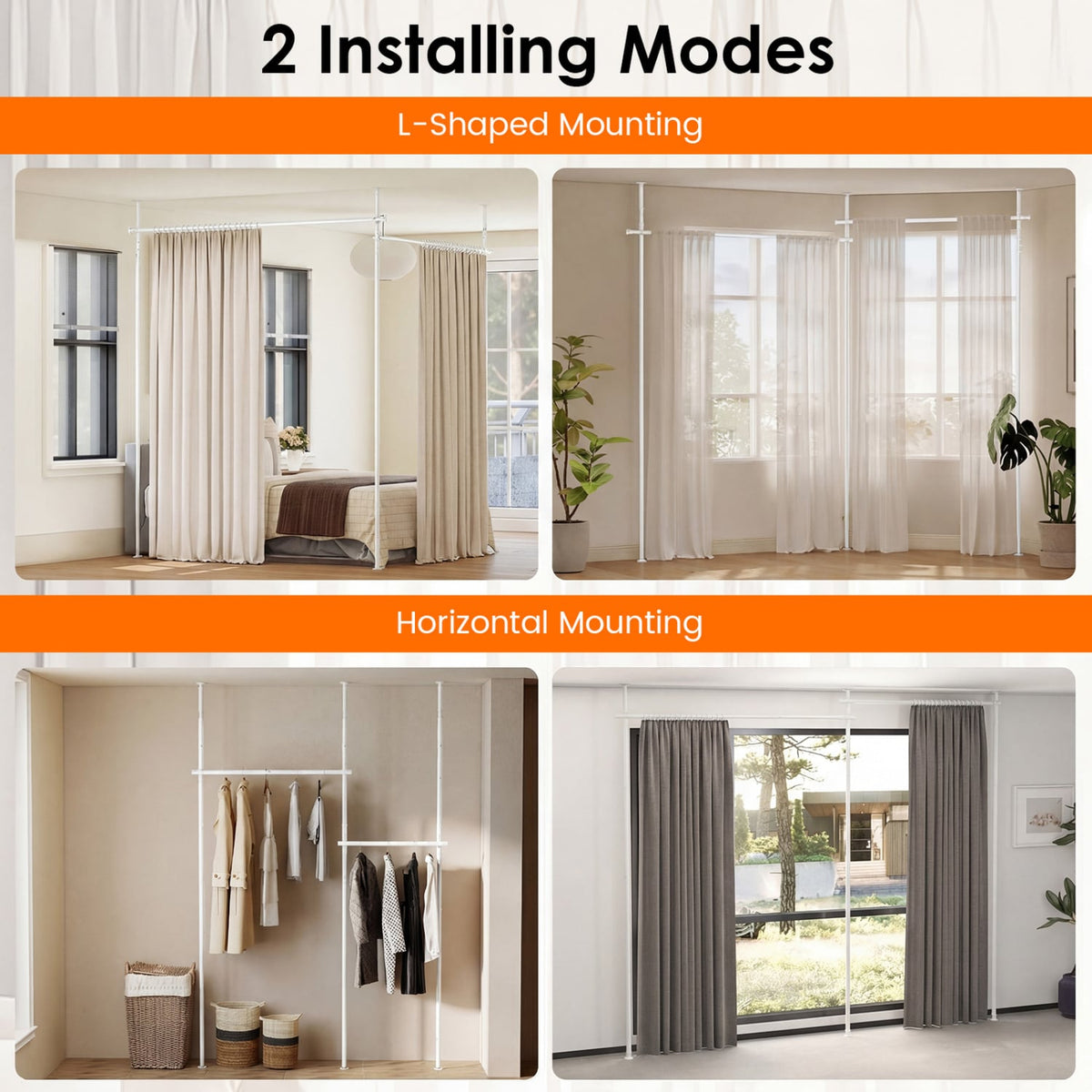 Room Divider Curtain Rod with Adjustable Floor to Ceiling Tension Rod (Curtains Not Included)-White-Room Dividers-DECOROLALA