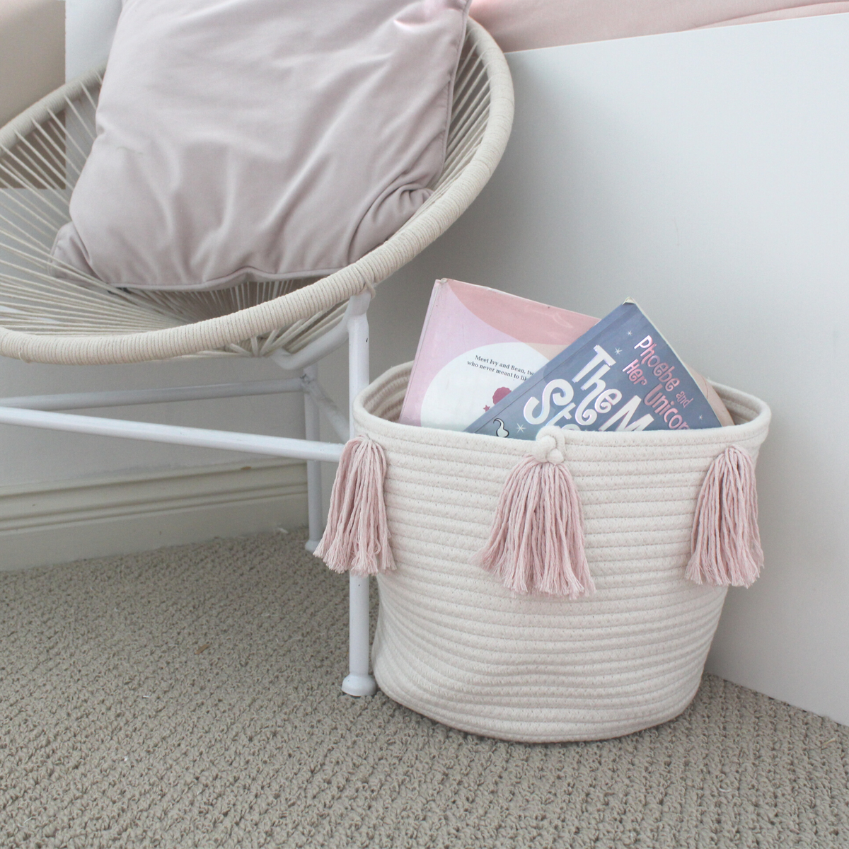 Rose Pink Tassel Basket - Medium-Baskets-DECOROLALA