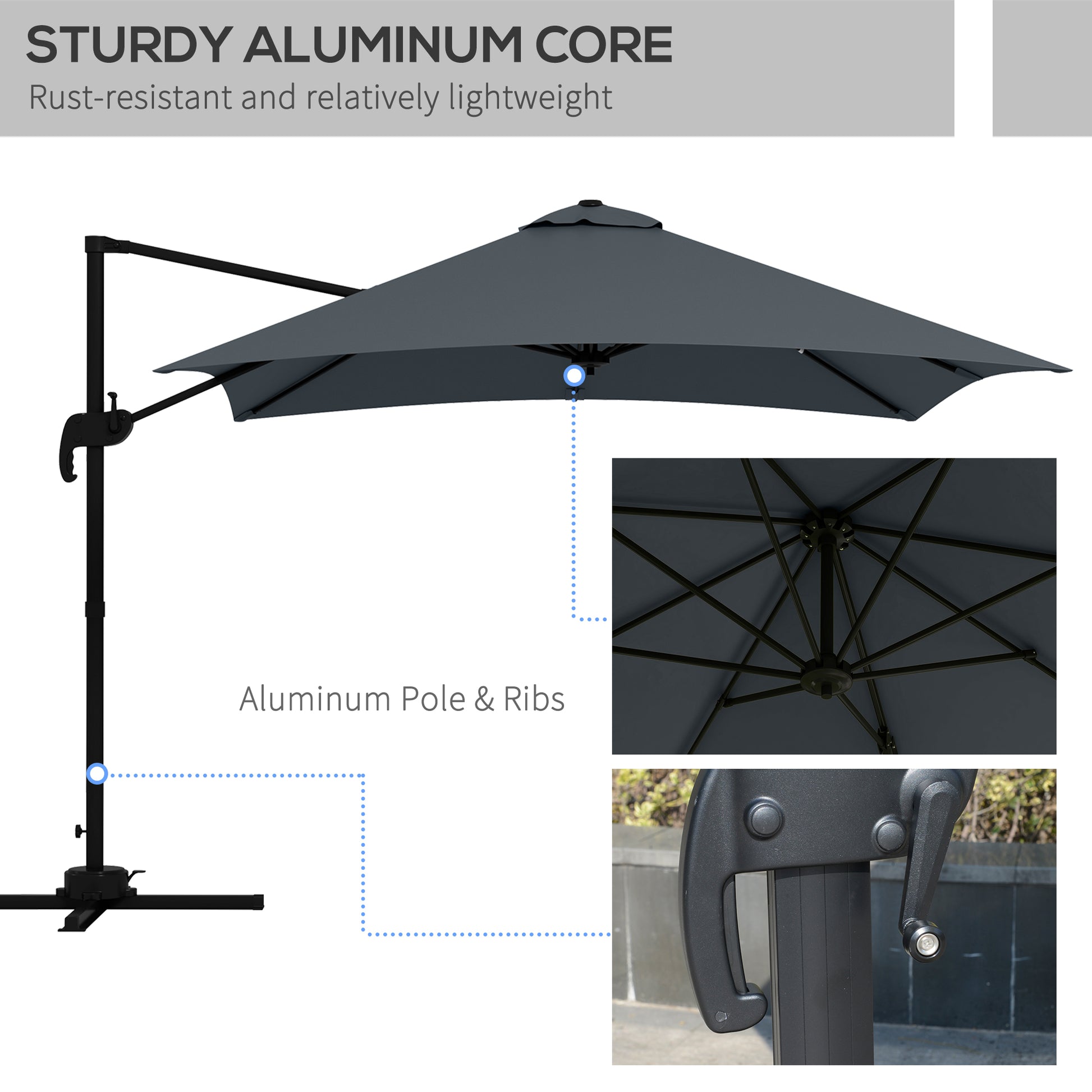 Rotatable Cantilever Umbrella, 10x10ft, Dark Grey, 360¡ Adjustable-DECOROLALA