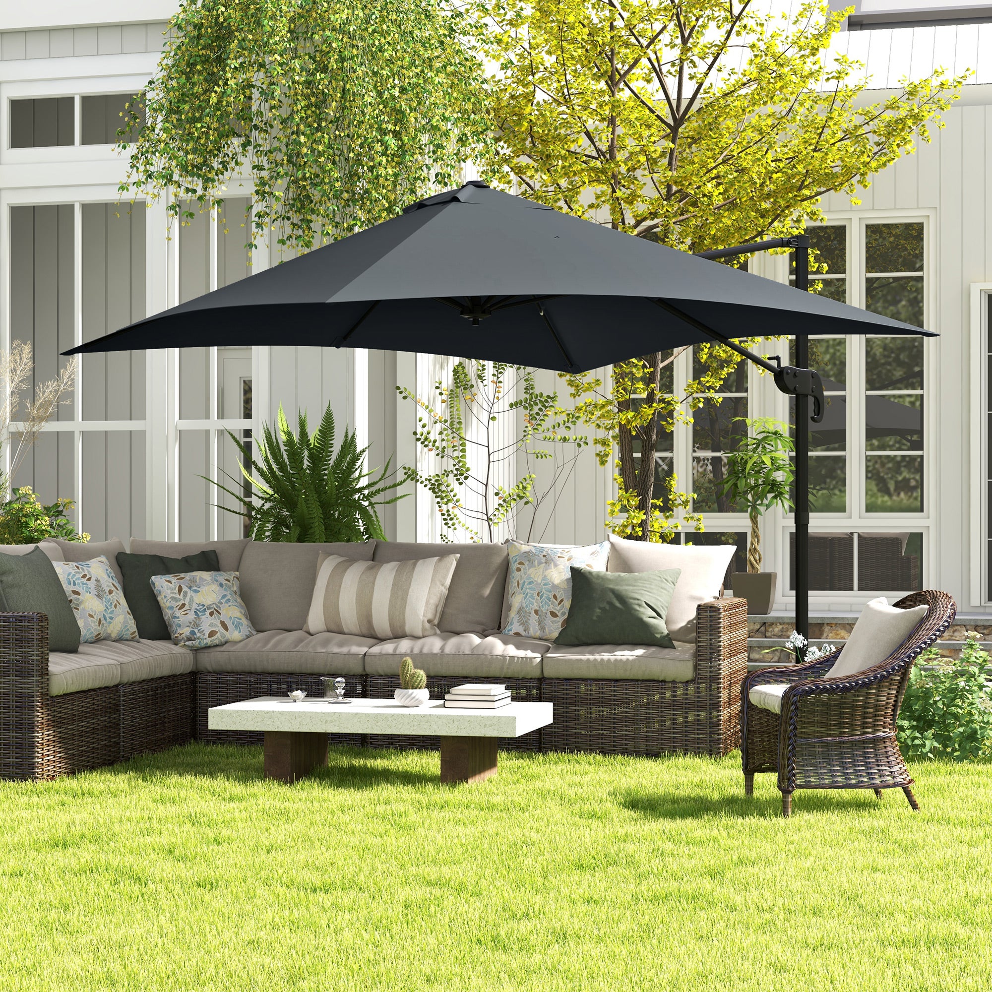 Rotatable Cantilever Umbrella, 10x10ft, Dark Grey, 360¡ Adjustable-DECOROLALA