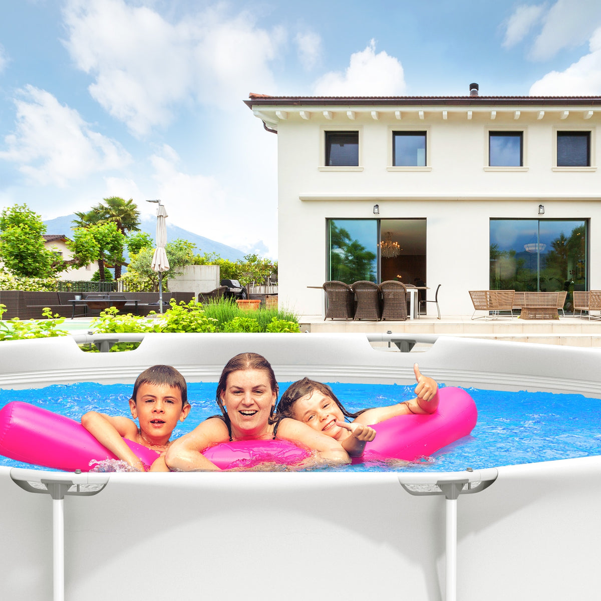 Round Above Ground Swimming Pool With Pool Cover-Gray-Swimming Pools-DECOROLALA