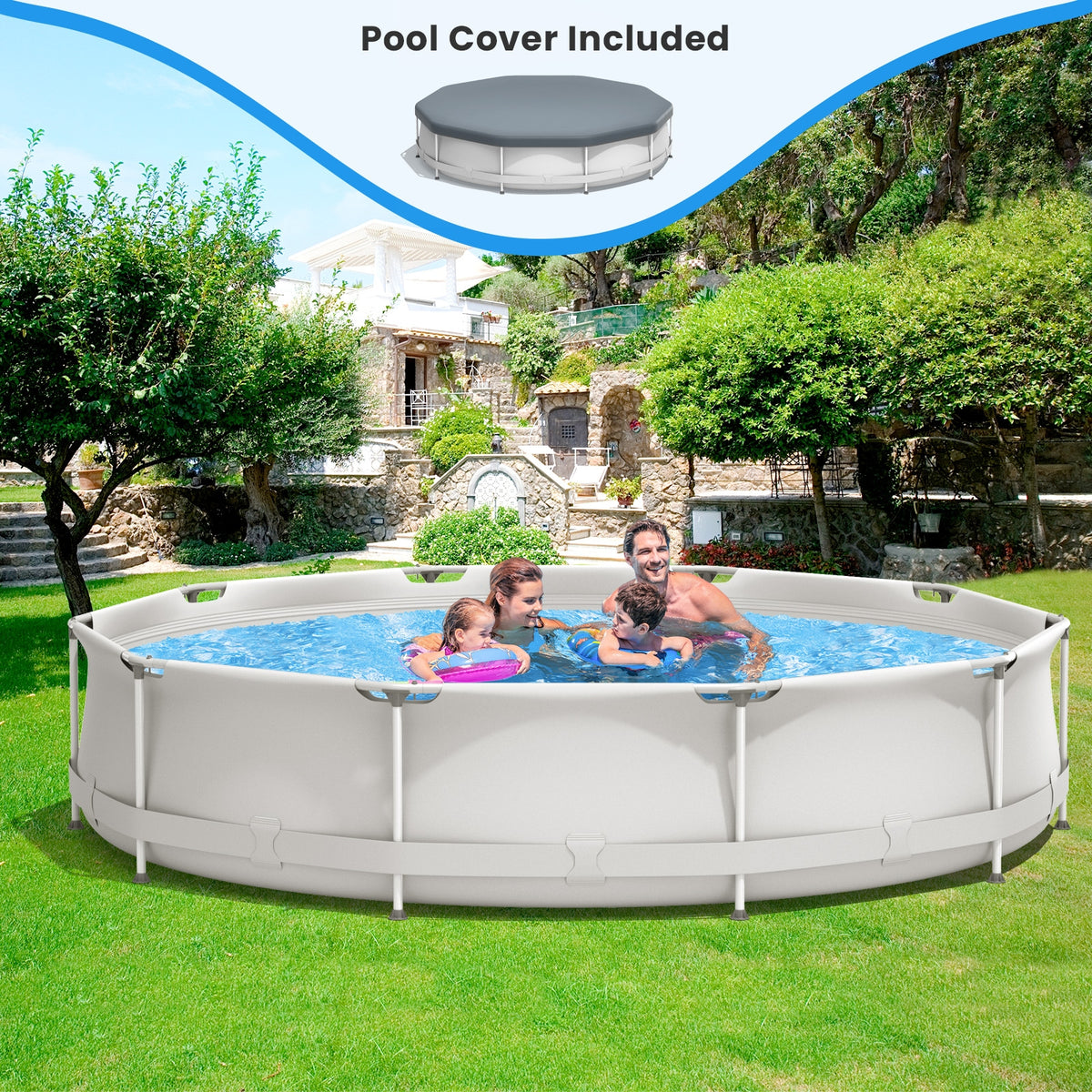 Round Above Ground Swimming Pool With Pool Cover-Gray-Swimming Pools-DECOROLALA